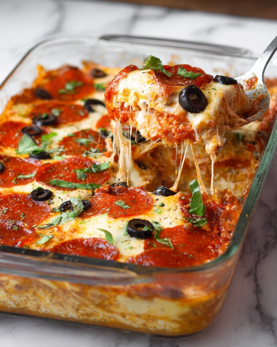 A glass baking dish shows a baked layered pizza casserole with four visible layers: a thick light brown crust at the bottom, a red tomato sauce layer just above, a middle layer of melted creamy white cheese studded with black olive slices, and a top layer of orange-red pepperoni slices sprinkled with green herbs, some fresh green leaves on top. A spoon lifts a portion, stretching gooey, stringy melted cheese with pepperoni and olives visible. The dish sits on a white marbled surface. Photo taken with an iphone --ar 4:5 --v 7