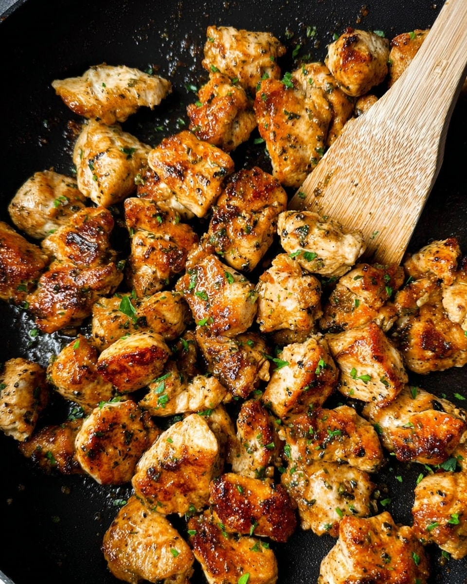 Pieces of cooked chicken are shown in a black pan, each piece browned and crispy with a mix of light and dark golden colors. The chicken pieces are scattered throughout the pan, with a wooden spatula resting on the right side under some of the chicken, adding texture and natural wood color to the scene. Small green herb bits are sprinkled over the chicken, adding a fresh contrast to the warm tones of the meat. The pan’s black surface is smooth and slightly shiny from the cooking oils. photo taken with an iphone --ar 4:5 --v 7