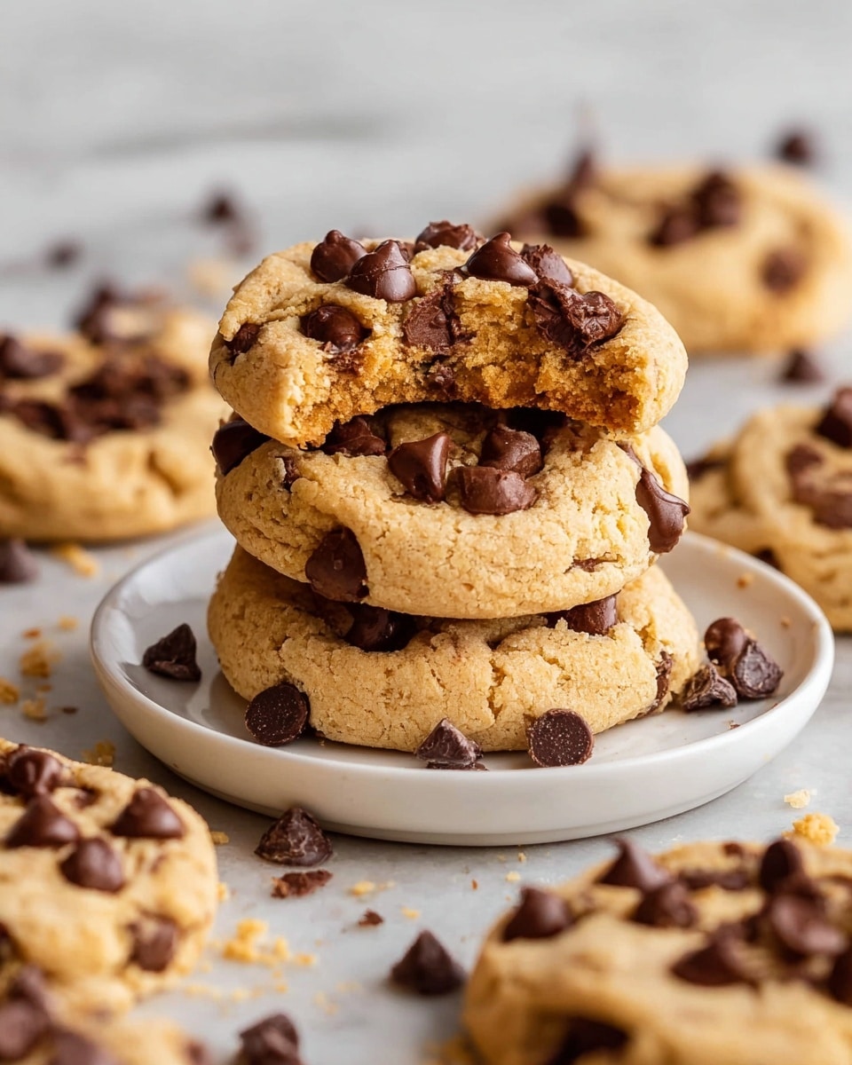 A stack of three thick, soft chocolate chip cookies is placed on a white plate in the center, with the top cookie having a bite taken out to show its crumbly, light golden interior. Each cookie is a warm beige color with a slightly rough texture, filled and topped with semi-melted dark chocolate chips that add rich contrast. Around the stack, several more cookies lie flat on a white marbled surface, each covered with clusters of dark brown chocolate chips. A few scattered chocolate chips and crumbs surround the cookies, enhancing the cozy, homemade feel of the scene. photo taken with an iphone --ar 4:5 --v 7