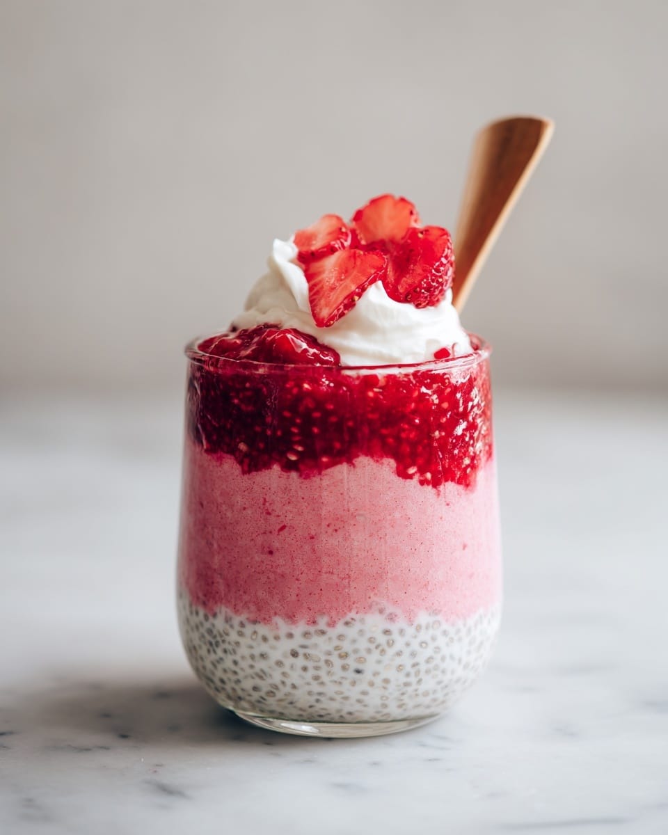 A clear glass cup holds a three-layered dessert sitting on a white marbled surface. The bottom layer is a white chia pudding with visible chia seeds, dense and creamy. The middle layer is a pinkish-red smoothie-like texture with small bits, appearing thick and smooth. The top layer is made of bright red chunky berry compote, glossy and juicy, with some pieces of fruit visible. On the very top, there is a dollop of white whipped cream, garnished with a half strawberry slice and a whole raspberry. A wooden spoon handle is placed inside the glass on the right side. Photo taken with an iphone --ar 4:5 --v 7