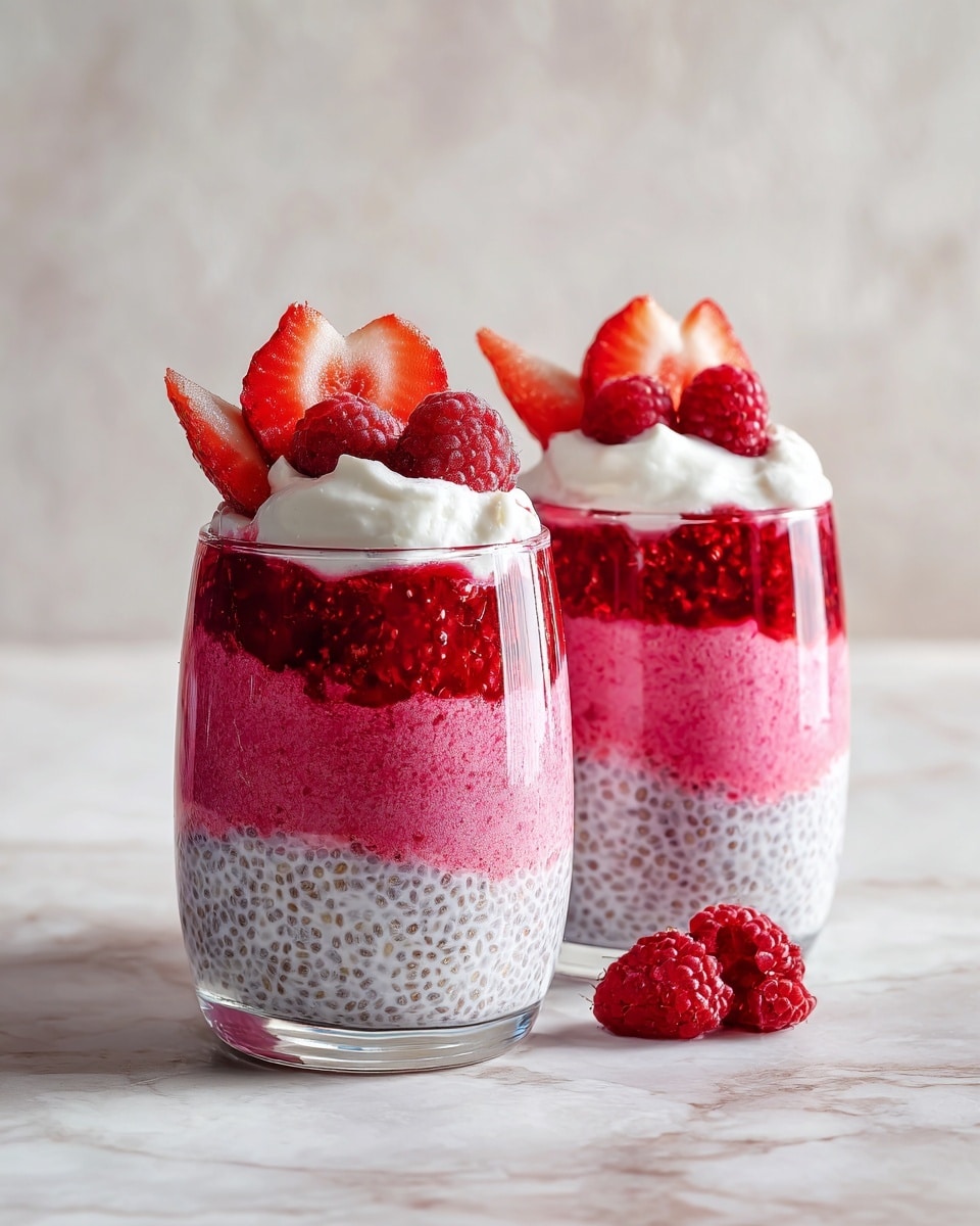 Two clear glasses each contain three distinct layers of a dessert. The bottom layer is white chia pudding with visible tiny chia seeds, slightly translucent and creamy. Above this is a pink chia pudding layer with a thick, smooth texture and deeper pink chunks within it. The top layer is a mix of bright red berries and berry compote, juicy and glossy in appearance. Each glass is finished with a dollop of fluffy white cream and a few whole fresh red raspberries and slices of strawberries placed on top. The glasses sit on a white marbled surface with a soft, light background. Photo taken with an iphone --ar 4:5 --v 7