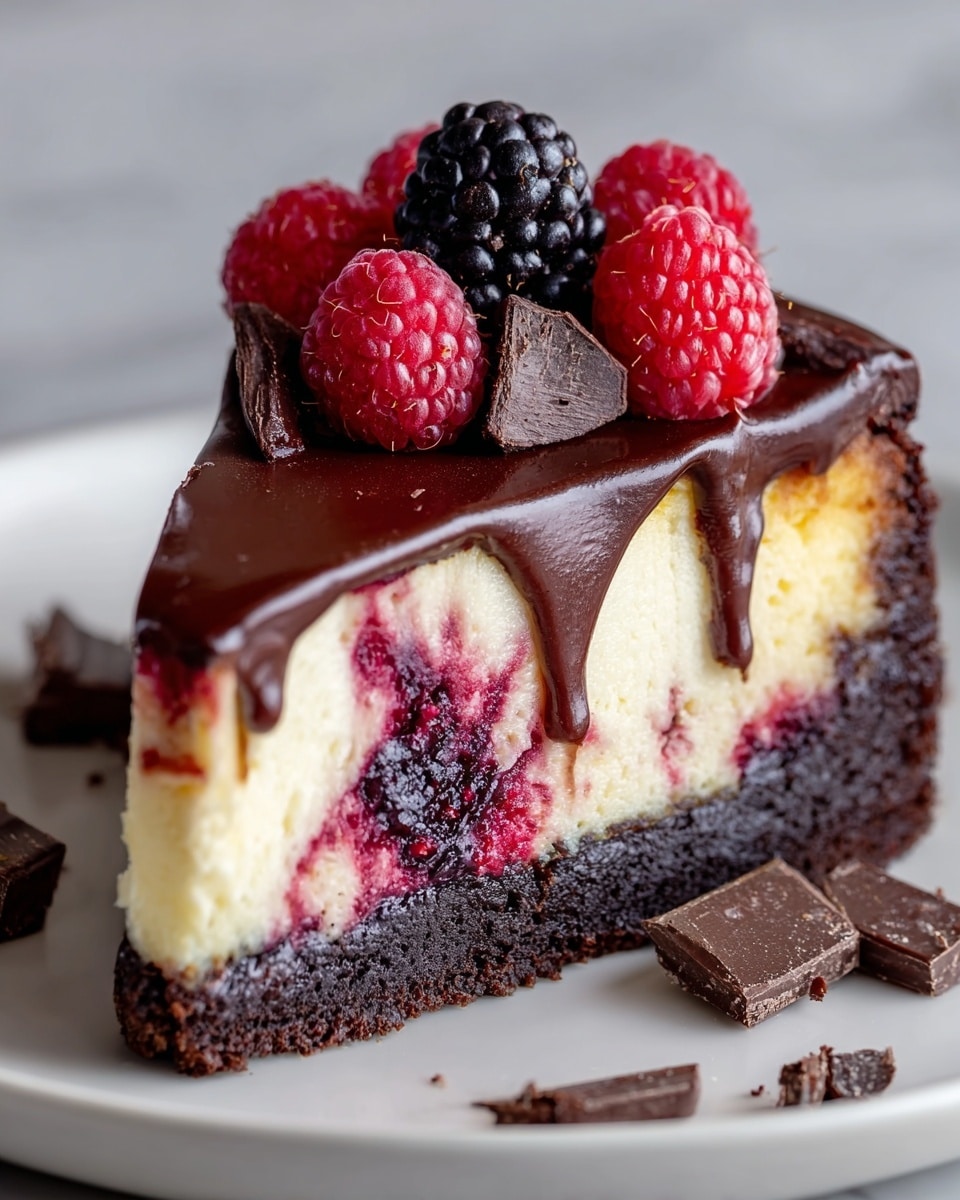 A slice of layered berry cheesecake sits on a white plate with a white marbled background. The bottom layer is a dark, dense chocolate crust. Above it is a creamy layer of cheesecake mixed with streaks of red berry swirls. On top of the cheesecake layer is a smooth, thick layer of glossy dark chocolate ganache that slightly drips down the side. The cake is topped with fresh bright red raspberries and deep purple blackberries, with small pieces of dark chocolate scattered on top and around the plate. Photo taken with an iphone --ar 4:5 --v 7