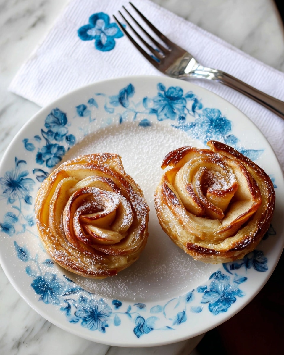 Two apple rose pastries sit side by side on a white plate with a blue floral pattern, each pastry shaped like a rose with thin, golden brown apple slices layered in a spiral over a light brown puff pastry base. The apple petals have a soft, glossy texture with a slight caramelized edge, and the pastries are dusted with a thin layer of white powdered sugar. The plate rests on a white marbled surface with a white napkin embroidered with a blue flower nearby, and a silver fork is placed on the napkin, partially visible. Photo taken with an iphone --ar 4:5 --v 7