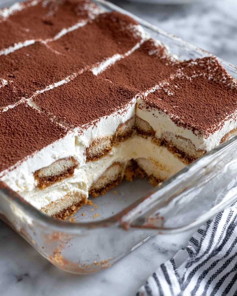 A clear glass rectangular dish with a four-layer tiramisu is shown, with one piece cut out and removed from the front left side. The bottom layer is made of coffee-soaked ladyfingers, dark tan and crumbly. Above this is a thick white creamy layer, smooth and soft. The middle layer is another coffee-soaked ladyfinger layer, similar in texture and color to the bottom. The top layer is a thick spread of white cream fully dusted with a dark brown cocoa powder, covering the surface evenly. The dish sits on a white marbled surface, and a striped cloth is blurred in the background. Photo taken with an iphone --ar 4:5 --v 7