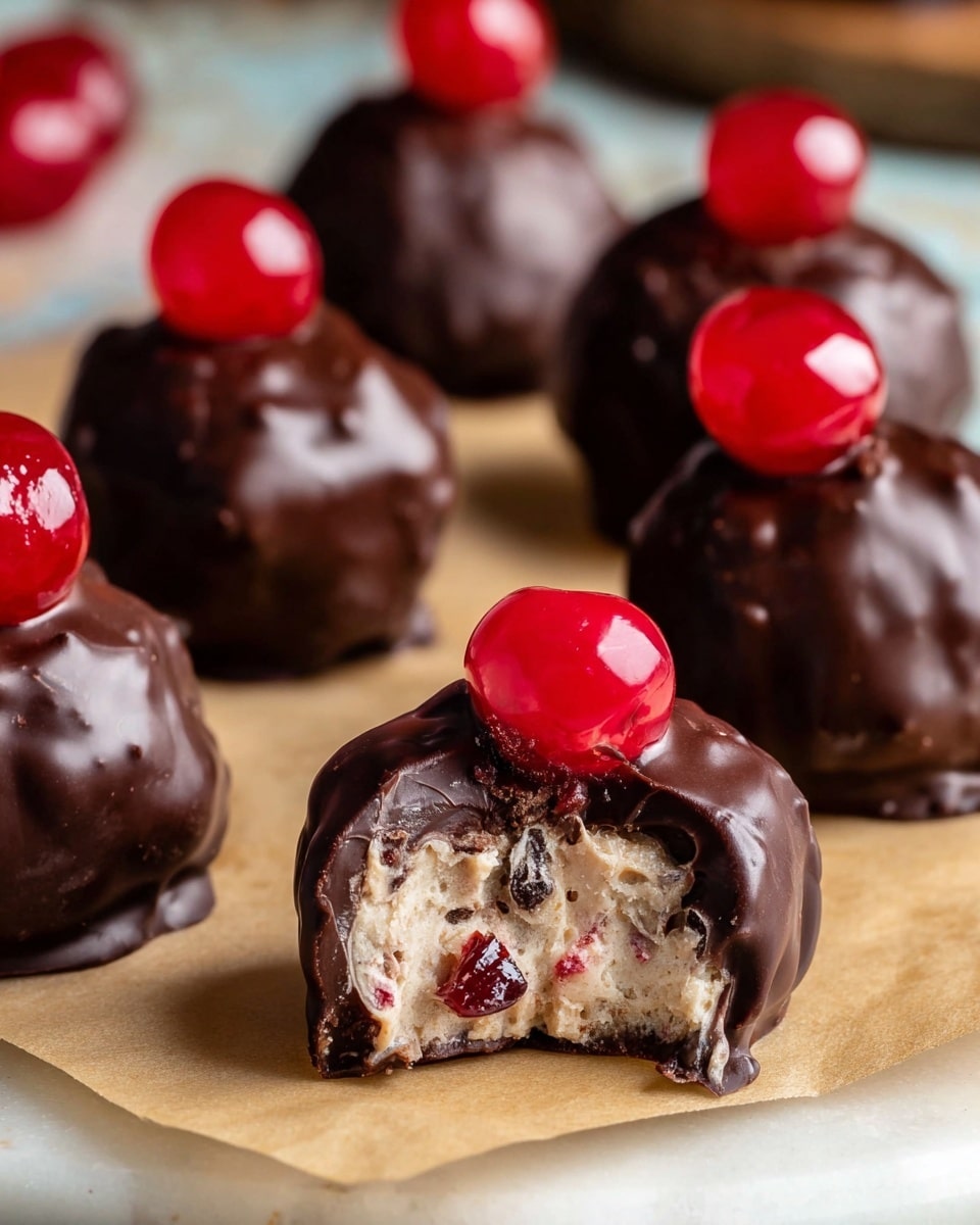 The image shows small round chocolates covered in dark, slightly shiny chocolate coating with a rough texture on the outside. Each chocolate has one bright red glazed cherry on top, adding a glossy pop of color. One chocolate in the front has a bite taken out, revealing a creamy, light beige filling mixed with small bits of red and light brown inside. The chocolates are arranged on a light brown paper that lies on a white marbled surface. The background is softly blurred, keeping the focus on the chocolates in the front. photo taken with an iphone --ar 4:5 --v 7