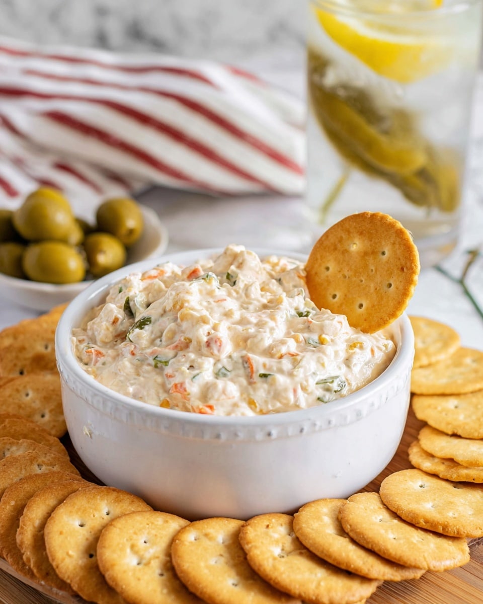 A white bowl filled with a creamy, chunky dip that has small bits of green and orange mixed throughout, topped with a single golden round cracker partially dipped in it. Around the bowl, a circle of similar golden crackers is spread out on a wooden surface. In the background, there’s a glass of iced water with a lemon slice and a small pile of green olives. A white cloth with red and black stripes lies behind, all set on a white marbled texture. Photo taken with an iphone --ar 4:5 --v 7