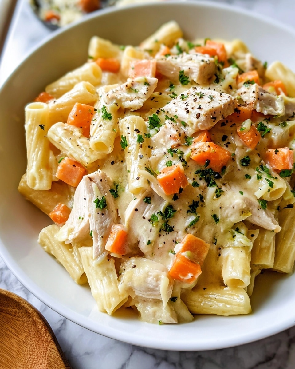 A close-up view of a creamy pasta dish served in a white bowl, showing three main layers: the base layer of rigatoni and penne pasta coated in a smooth, light cream sauce with a soft texture; scattered chunks of orange carrots adding bright color and a slightly firm texture on top of the pasta; and large pieces of white chicken breast mixed throughout, tender and moist in appearance. The dish is garnished with finely chopped fresh green herbs and sprinkled black pepper, adding specks of color and texture. The background is a white marbled surface, and part of a wooden spoon is visible to the side. Photo taken with an iphone --ar 4:5 --v 7