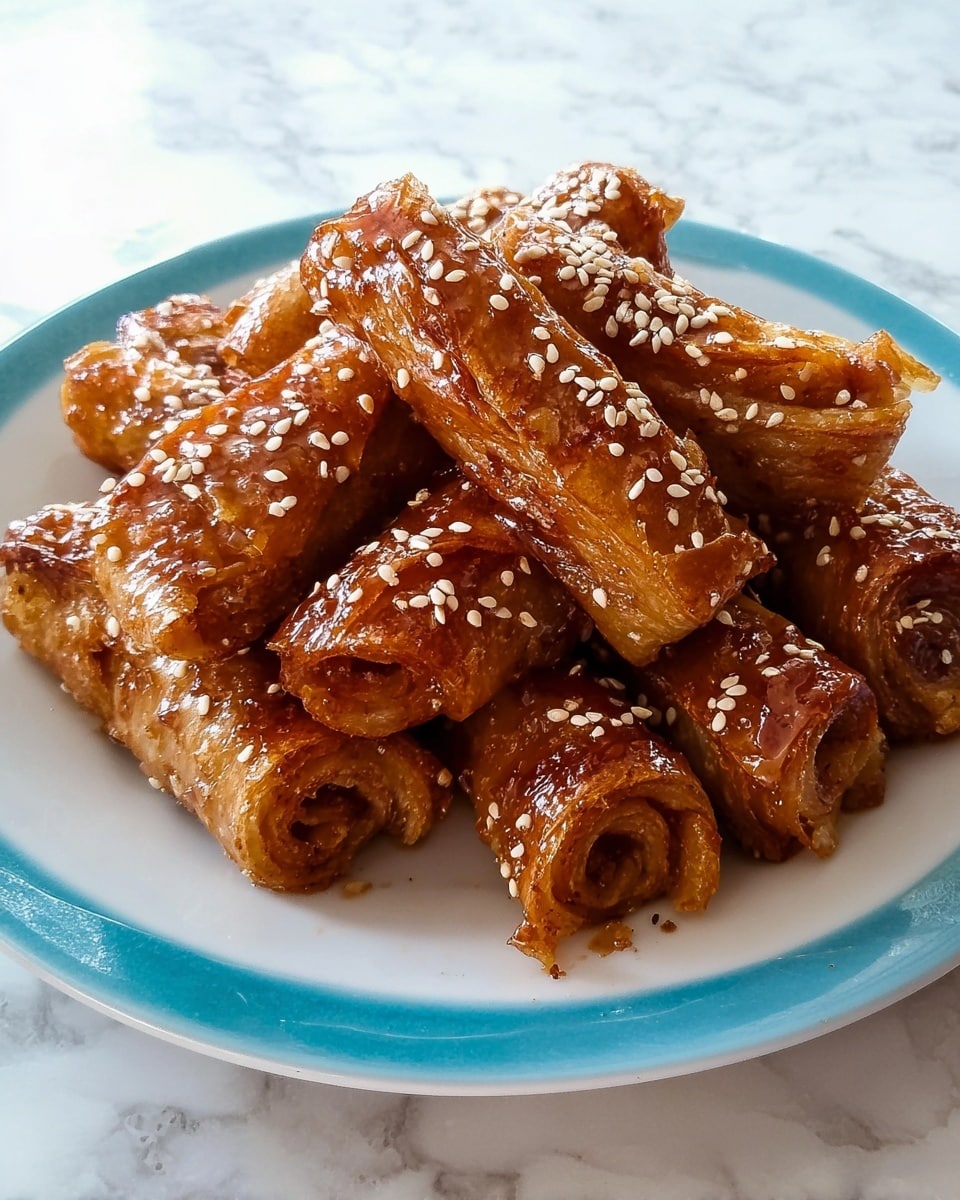 The image shows a white plate filled with multiple golden-brown, crispy rolled pastries. Each roll has a shiny, sticky glaze coating, giving a glossy texture. The surface of the rolls is sprinkled with white sesame seeds, adding small specks of light color. The rolls are arranged in a casual pile, some overlapping each other, showing thin, layered, and crunchy textures in the pastry. The plate sits on a white marbled surface. Photo taken with an iphone --ar 4:5 --v 7