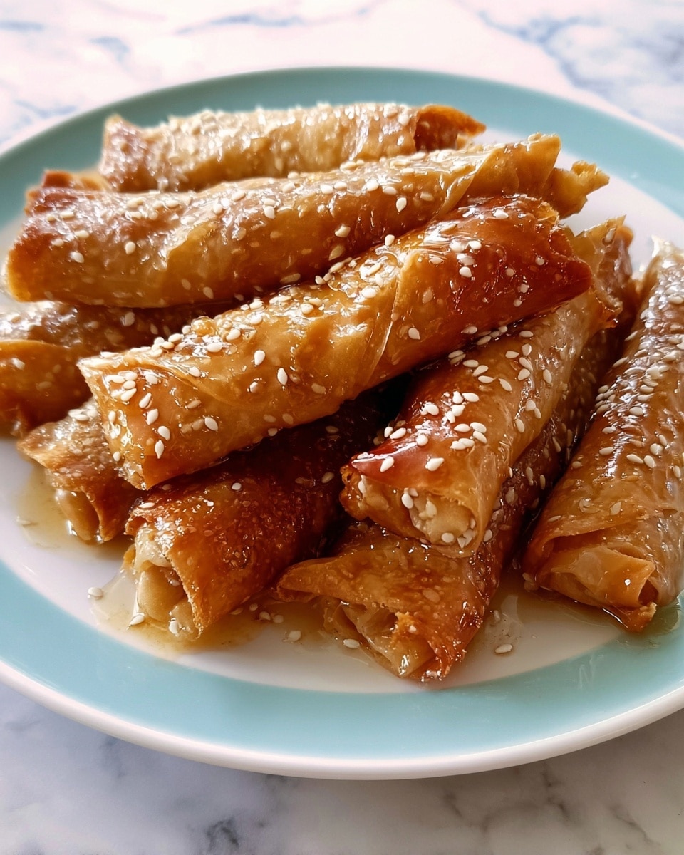 The image shows a white plate filled with several golden-brown rolled pastries, each covered in a shiny syrup glaze that makes the surface look sticky and reflective. The pastries are thin and flaky with visible layered textures, and are sprinkled with small white sesame seeds. They are arranged close together, some overlapping, and the plate sits on a white marbled surface. photo taken with an iphone --ar 4:5 --v 7