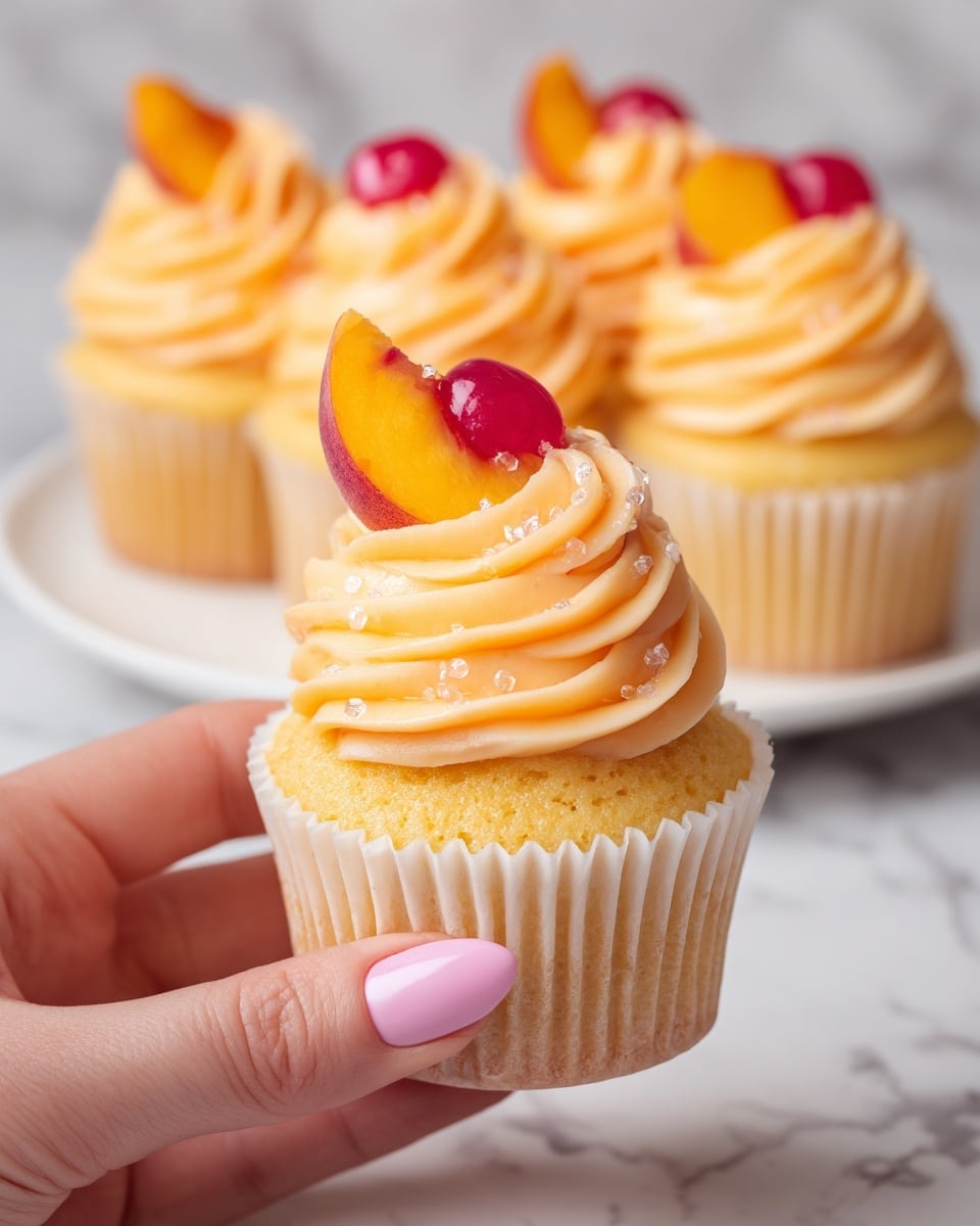 The image shows a close-up of a single yellow cupcake with a slightly golden top, held by a woman's hand with neatly trimmed pink nails. The cupcake has one thick swirl layer of smooth, creamy peach-colored frosting on top. At the peak of the frosting, there is a shiny, fresh half-slice of peach with a bright orange color and a small red cherry-like fruit placed right in the middle. The frosting swirl is lightly sprinkled with sparkling sugar crystals that catch the light. In the background, there are five more identical cupcakes arranged on a white plate on a white marbled surface, all with the same peach frosting and fruit decoration. photo taken with an iphone --ar 4:5 --v 7