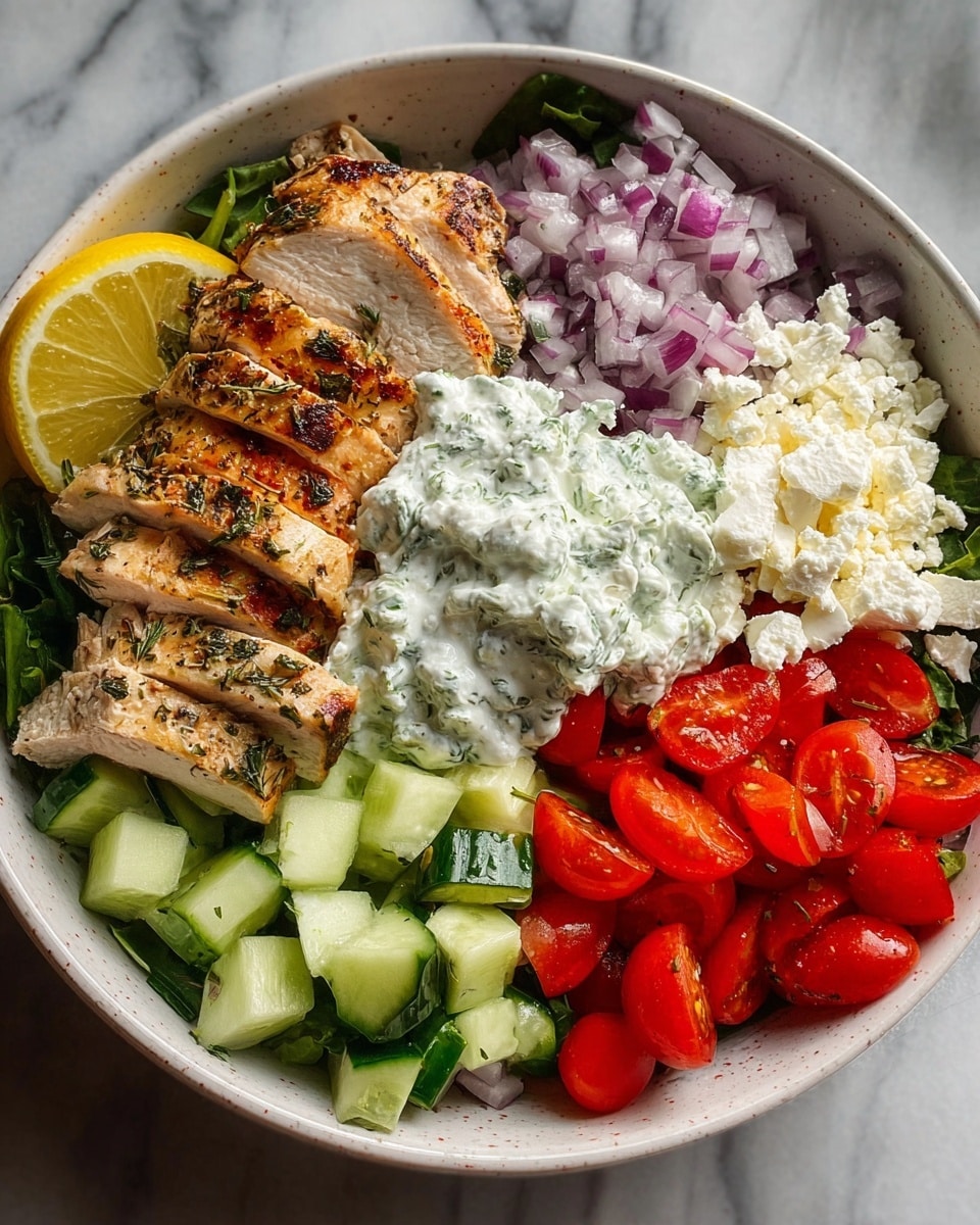 A bowl with five main layers is shown on a white marbled surface. At the bottom, green leafy vegetables form the base. On top of this, clockwise from the bottom left, there are slices of grilled chicken with a light brown, slightly charred texture and visible herbs. Next to the chicken, chopped pale green cucumber cubes with darker green skin are placed. Above the cucumber, finely chopped purple-red onions add a sharp contrast. On the right side, bright red cherry tomato halves are scattered, looking juicy and fresh. In the middle, a creamy white sauce with green herb flecks is dolloped, partially covering some crumbled white cheese that is scattered around it. A yellow lemon wedge rests slightly on the edge of the bowl near the tomatoes. photo taken with an iphone --ar 4:5 --v 7