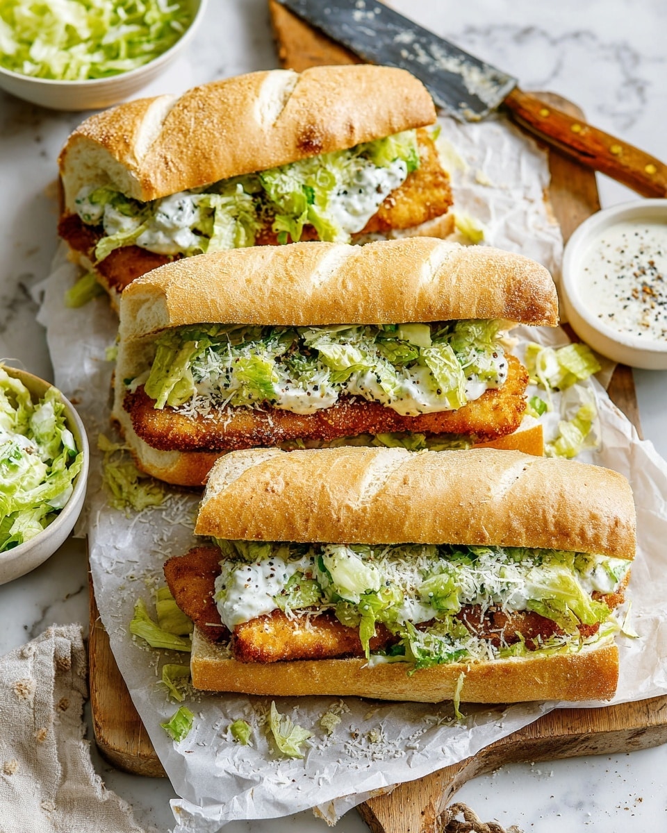 The image shows three submarine sandwiches stacked on a wooden board with white parchment paper underneath. Each sandwich has three visible layers: a golden, crispy fried fillet at the bottom, topped by fresh, chopped green lettuce mixed with a white creamy dressing, and sprinkled with finely grated cheese. The sandwiches are nestled inside soft, light tan, crusty sandwich rolls that are slightly toasted. To the side of the sandwiches, there is a small white bowl filled with lettuce and dressing, and another small white bowl filled with creamy dipping sauce sprinkled with black pepper on top. A large knife with a wooden handle rests at the top of the board, slightly stained with lettuce. The background features a white marbled surface. photo taken with an iphone --ar 4:5 --v 7