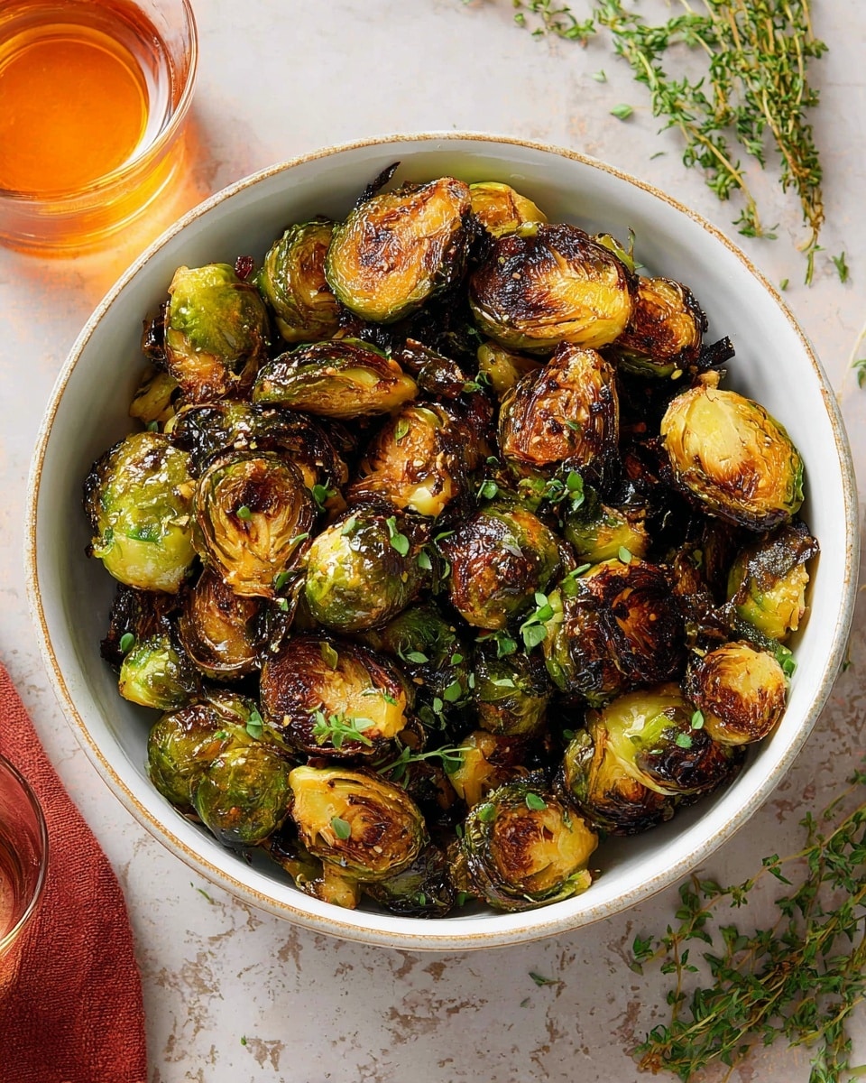 A white bowl filled with roasted Brussels sprouts that have a rich, golden-brown crust on their cut sides, showing a mix of green and charred dark green outer leaves. The Brussels sprouts are halved and layered closely together, with visible small bits of fresh green herbs scattered on top. The bowl is placed on a white marbled texture surface, with a small glass of amber-colored drink and some fresh green thyme sprigs nearby. Photo taken with an iphone --ar 4:5 --v 7