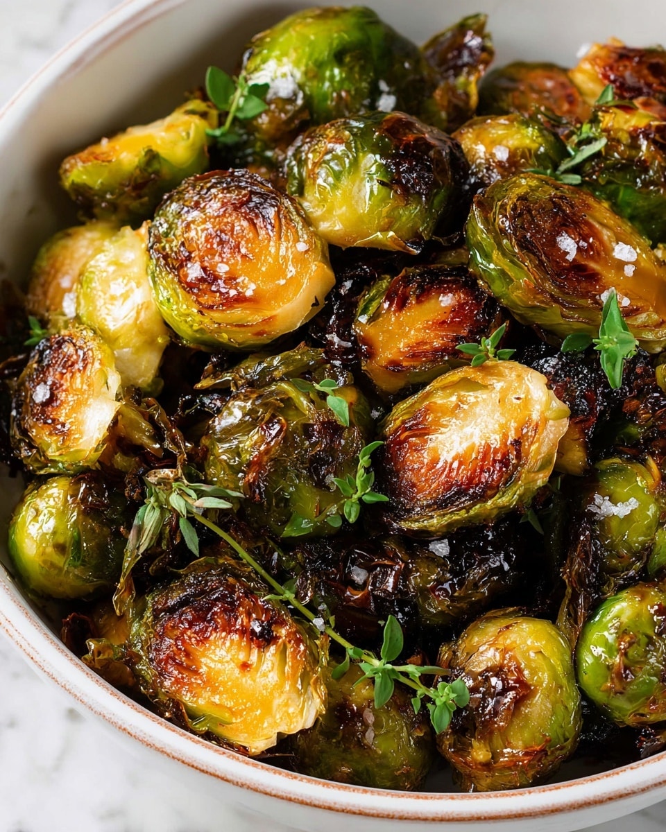 A close-up view of a white bowl filled with roasted Brussels sprouts, showing about two layers of the vegetable. The Brussels sprouts are halved, with a mix of bright green and dark brown charred edges, giving a crispy texture. Some parts of the leaves are caramelized with a shiny glaze and small salt crystals scattered on top. Tiny green herb leaves add contrast and freshness, all placed on a white marbled surface. photo taken with an iphone --ar 4:5 --v 7