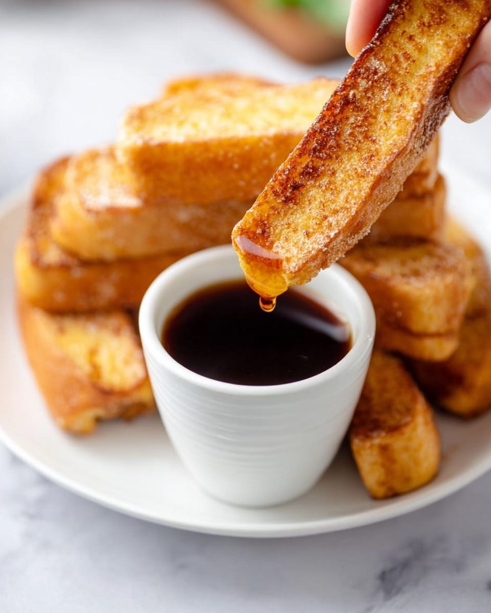 A close-up image shows a woman's hand holding a golden brown, crispy French toast stick being dipped into a small white cup filled with dark syrup. On the white plate beneath, several more French toast sticks are stacked, all golden and evenly cooked with a slightly crunchy sugar coating. The background is a white marbled surface, adding a clean and bright feel to the image. photo taken with an iphone --ar 4:5 --v 7