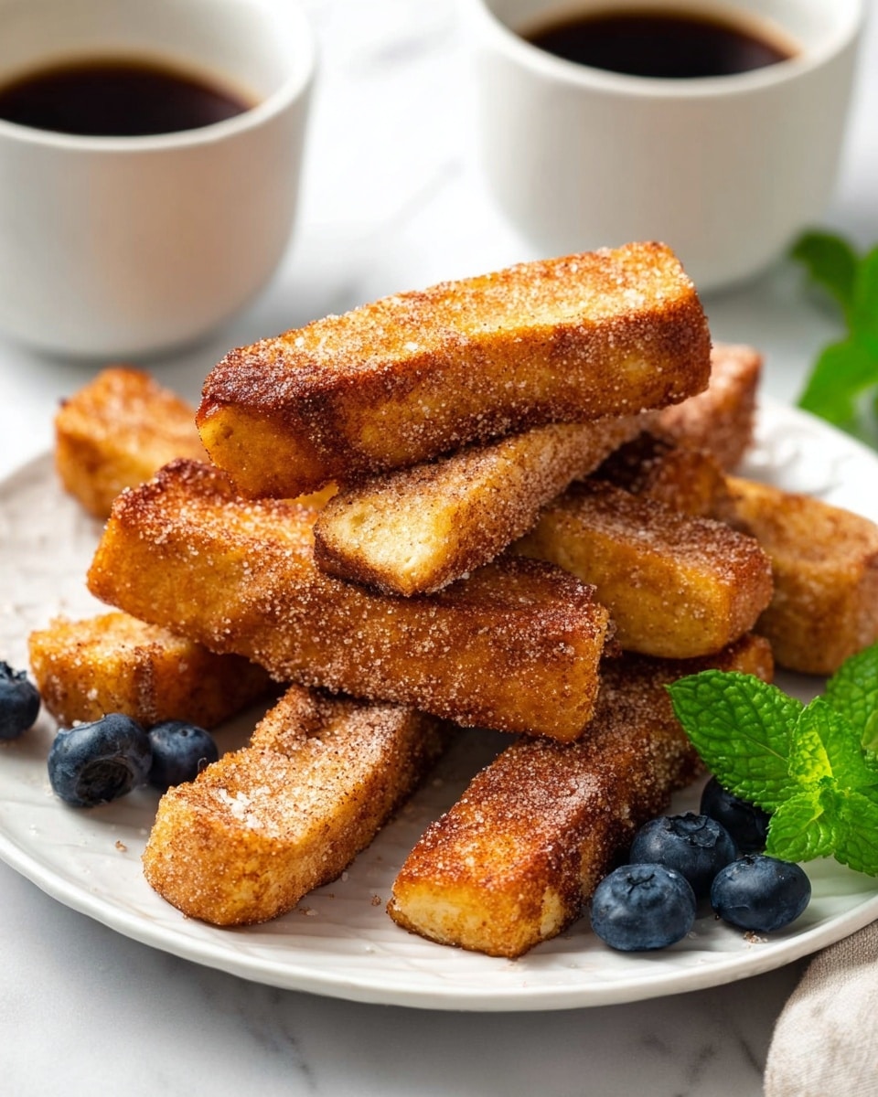 The image shows a white plate filled with several pieces of golden brown cinnamon sugar toast sticks, stacked in a casual pile. Each toast stick has a crispy, crunchy texture with a sugary coating that sparkles slightly. The toast sticks vary slightly in size and thickness, with visible browned edges and soft inside. Blueberries and fresh green mint leaves are placed at the bottom right of the plate as decoration. In the background, there are white cups filled with dark coffee sitting on a white marbled surface. The colors are warm and inviting with a mix of golden browns, deep blues, and fresh greens. photo taken with an iphone --ar 4:5 --v 7