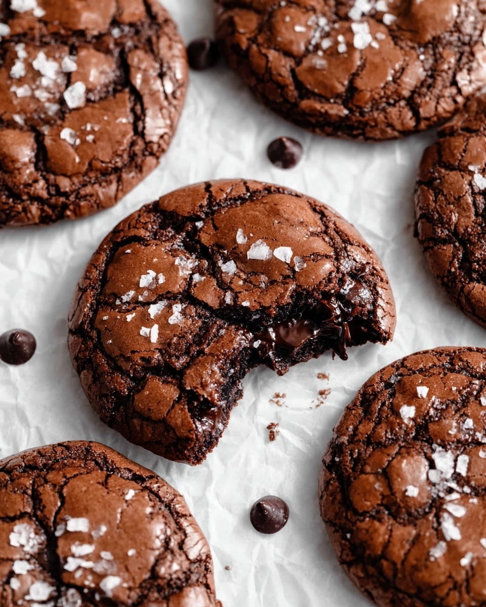 A close-up of several round chocolate cookies with a cracked, shiny brown top and coarse salt flakes sprinkled on them. One cookie is front and center with a bite taken out of it, revealing a soft, dark, gooey chocolate inside. The cookies are placed on white parchment paper over a white marbled surface. A few small chocolate chips are scattered around the cookies. The texture contrasts between the crisp outer layer and the moist inside are clear. photo taken with an iphone --ar 4:5 --v 7