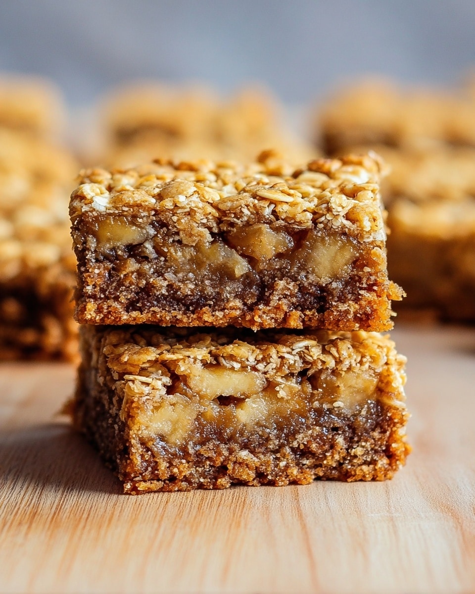 The image shows two stacked oat bars with visible layers. The top layer is golden brown and textured with whole oats, appearing crunchy. The middle layer is thick and soft, filled with chunks of banana in a moist, chewy mixture with a caramel tone. The bottom layer is a darker brown crust, firm and slightly crumbly, supporting the other layers. The bars rest on a smooth light wooden surface with a blurred background showing more oat bars. photo taken with an iphone --ar 4:5 --v 7