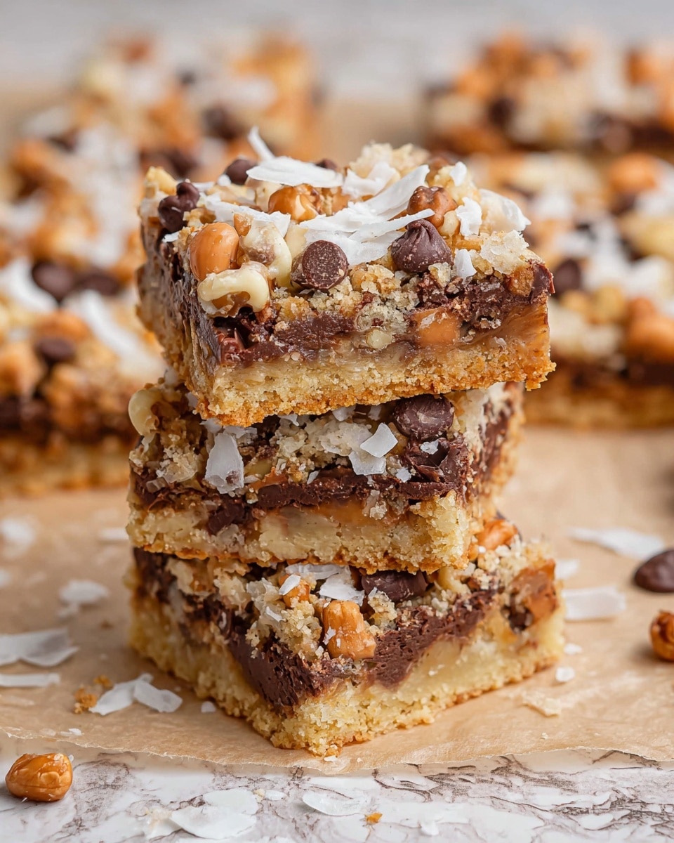 The image shows a stack of three dessert bars on a sheet of parchment paper, set on a white marbled surface. Each bar has three visible layers: a thin, golden-brown crumbly base layer; a thick middle layer filled with dark brown chocolate chunks and light brown butterscotch or caramel chips; and a top layer covered with a mix of halved walnuts, shredded white coconut flakes, and more chocolate and caramel pieces, giving a textured and colorful look. Around the stack, there are scattered bits of nuts, coconut, and chips, with several more bars blurred in the background, all on the same parchment paper. photo taken with an iphone --ar 4:5 --v 7