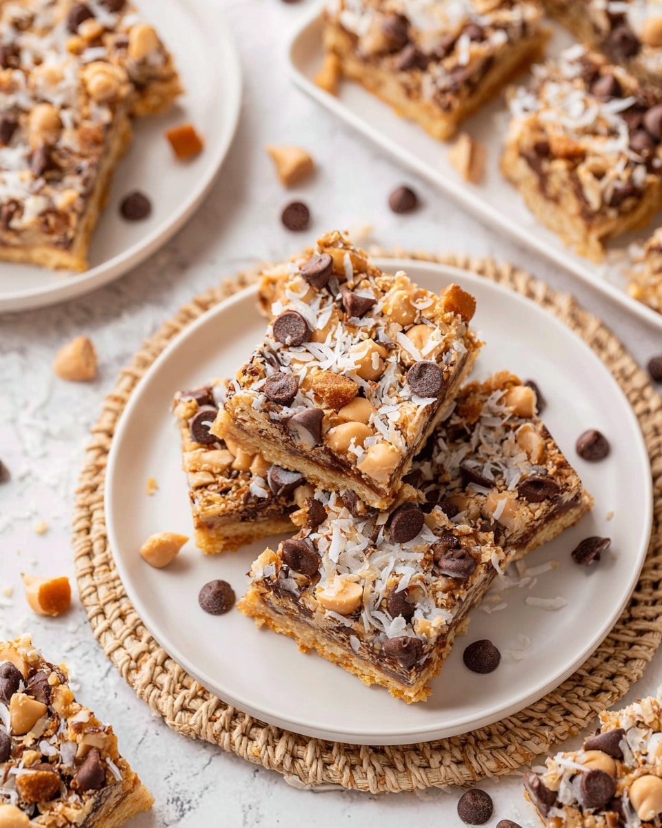 The image shows several square dessert bars stacked on a white plate placed on a light woven mat over a white marbled surface. Each bar has multiple layers: the base appears golden-brown and crunchy, topped with a thick layer of mixed chocolate chips, butterscotch chips, chopped nuts in light brown and tan colors, and shredded coconut flakes, creating a textured and colorful topping. Some bars are whole squares, while others show pieces slightly overlapping. A few scattered chocolate and butterscotch chips sit nearby on the surface, adding to the detail. Another white plate with similar bars is partially visible on the left and right edges of the image. The overall scene is bright with soft, natural light that highlights the varied textures and colors of the bars and toppings. photo taken with an iphone --ar 4:5 --v 7