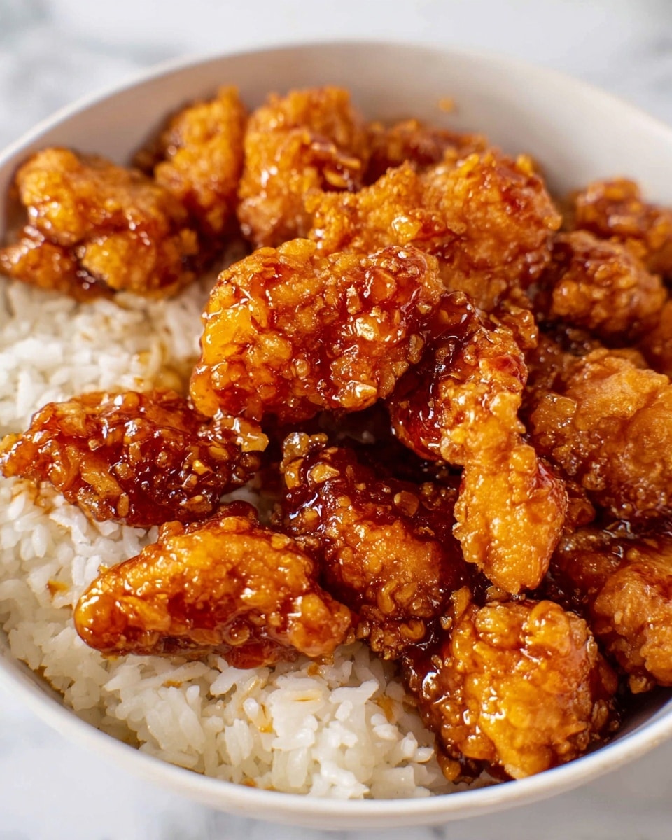 A close-up of a white bowl filled with two layers of food: the top half shows soft, fluffy white rice with a slightly grainy texture, and the bottom half is covered with many pieces of crispy fried chicken coated in a shiny, sticky orange-brown sauce that glistens under the light, highlighting the crunchy texture of the chicken's coating. The bowl is set on a white marbled surface. photo taken with an iphone --ar 4:5 --v 7