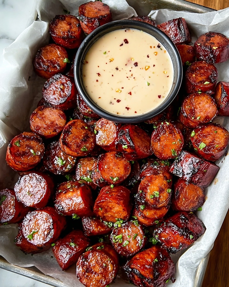A tray lined with white parchment paper holds about twenty round, thick slices of sausage wrapped in bacon, each piece cooked to a deep brown color with a glistening, slightly crisp surface. Some sausage stacks have a creamy yellow mustard sauce dripping over the top, adding a smooth texture and light contrast to the rich meat. Small green herb bits are scattered across the sausages and parchment, giving a touch of color. The tray has raised metal edges and sits on a surface with a white marbled texture faintly visible around the edges. Photo taken with an iphone --ar 4:5 --v 7