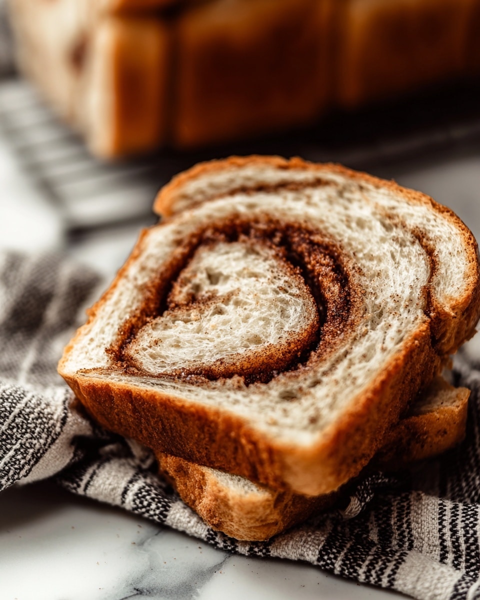 The image shows three slices of cinnamon swirl bread stacked on each other, revealing a spiral pattern inside each slice. The outer crust is golden brown and slightly crispy, while the inside is soft with a textured swirl of dark cinnamon and sugar filling tightly coiled through the light beige dough. The bread rests on parchment paper with a cooling rack visible in the background, all set against a white marbled surface. photo taken with an iphone --ar 4:5 --v 7