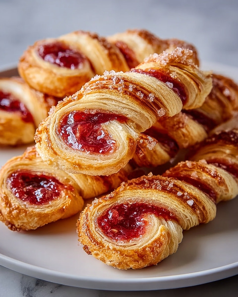 The image shows a close-up of several twisted puff pastry sticks filled with a vibrant red jam, placed on a white plate. Each pastry stick has multiple golden-brown flaky layers, with a spiral shape revealing the glossy jam spiraled in between. The surface of the pastries looks crisp and slightly caramelized, with a light sprinkle of coarse sugar adding texture and shine. The white plate rests on a white marbled surface that softly contrasts with the warm tones of the pastries. photo taken with an iphone --ar 4:5 --v 7