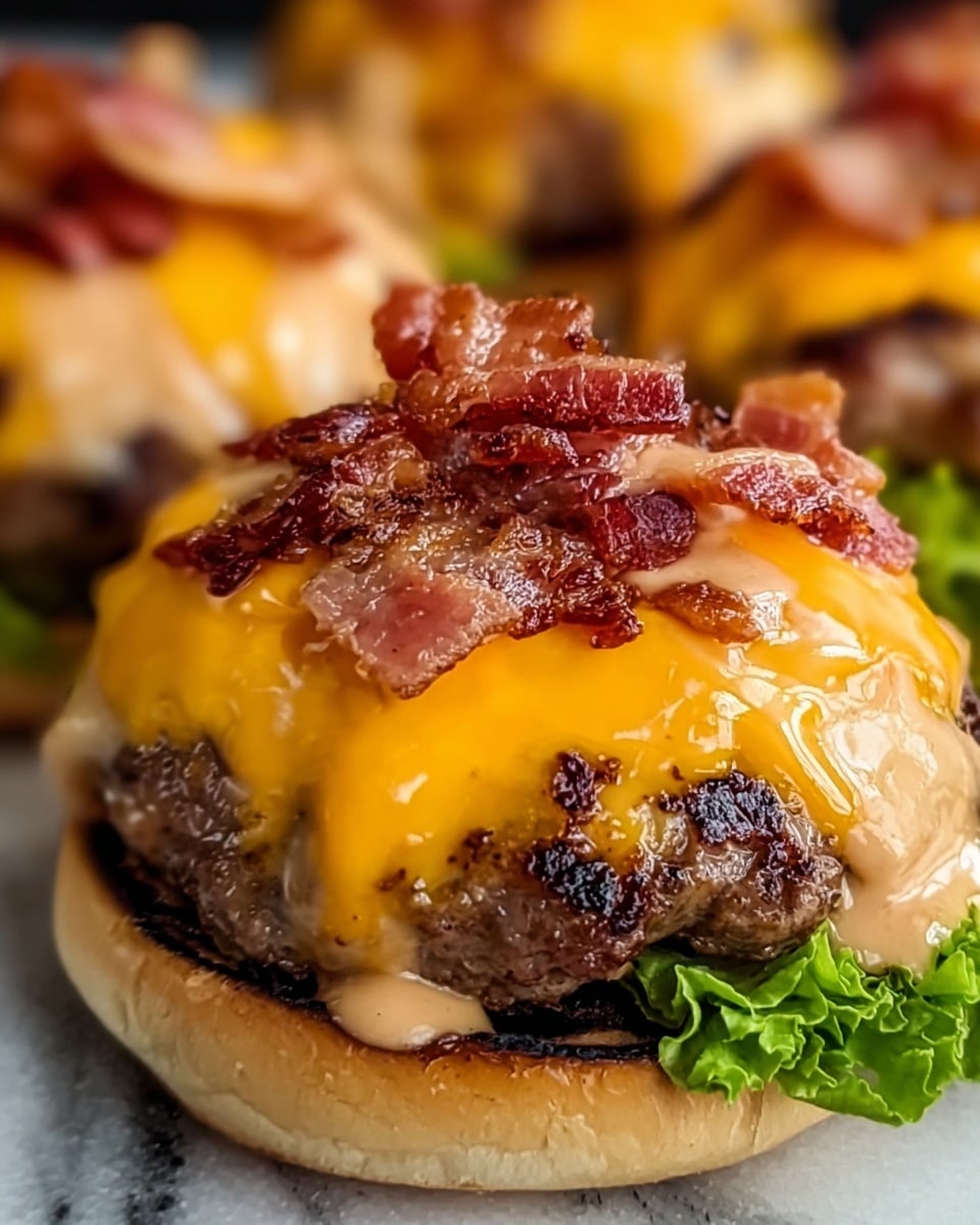A close-up of a cheeseburger without the top bun, showing five main layers: the bottom toasted bun with visible grill marks, a fresh green lettuce leaf peeking out on the right side, a thick cooked burger patty with a slightly charred texture, melted bright orange cheddar cheese draped over the patty, creamy light brown sauce spread above the cheese, topped with crispy pieces of chopped bacon in mixed reddish brown and light pink colors. The background shows parts of similar burgers blurred out, all laid on a white marbled texture. Photo taken with an iphone --ar 4:5 --v 7
