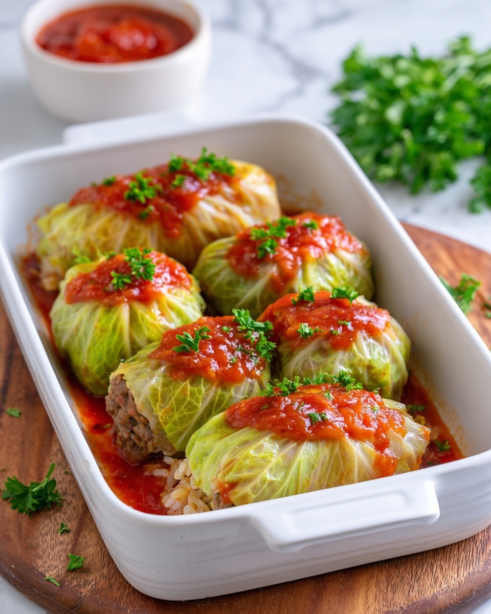 The image shows a white baking dish filled with six cabbage rolls neatly placed in two rows. Each cabbage roll has three layers: the outer smooth pale green cabbage leaf, a middle layer of cooked ground beef mixed with visible small pieces of white rice and red vegetables, and a glossy orange-red tomato sauce spread on top. Fresh green parsley is sprinkled over the sauce, adding a touch of color. The dish sits on a wooden board with a bowl of red sauce blurred in the white marbled texture background. Photo taken with an iphone --ar 4:5 --v 7
