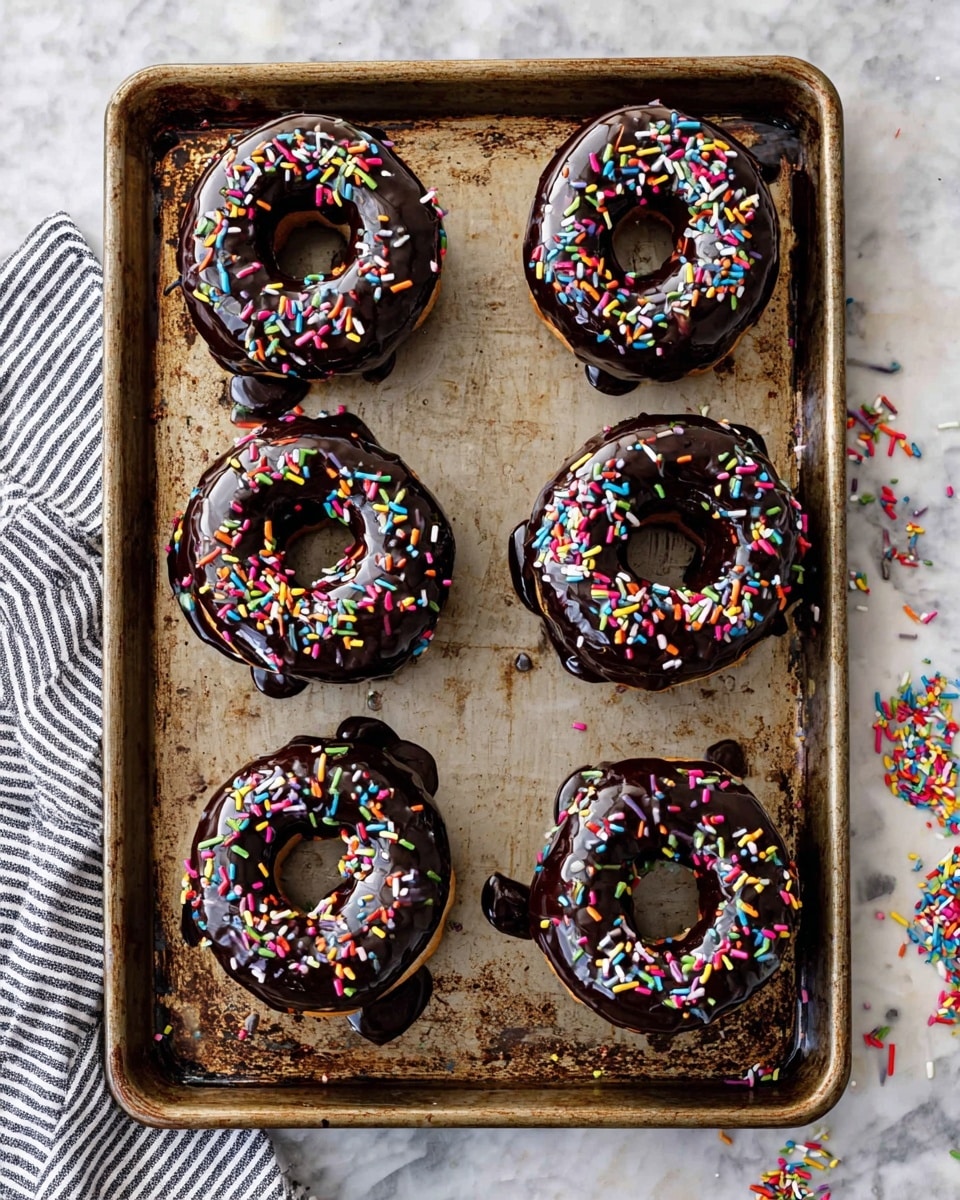 Eight doughnuts are arranged in two columns on an old metallic baking tray with spots of discoloration. Each doughnut has a thick and shiny dark chocolate glaze on top, with bright, multicolored sprinkles scattered generously over the glaze. The doughnuts are light golden brown and the glaze drips slightly over the sides, creating a sticky texture. Around the doughnuts on the tray, a few loose sprinkles add extra color contrast. A striped cloth is partially visible at the bottom left corner. The whole scene is set against a white marbled texture. photo taken with an iphone --ar 4:5 --v 7