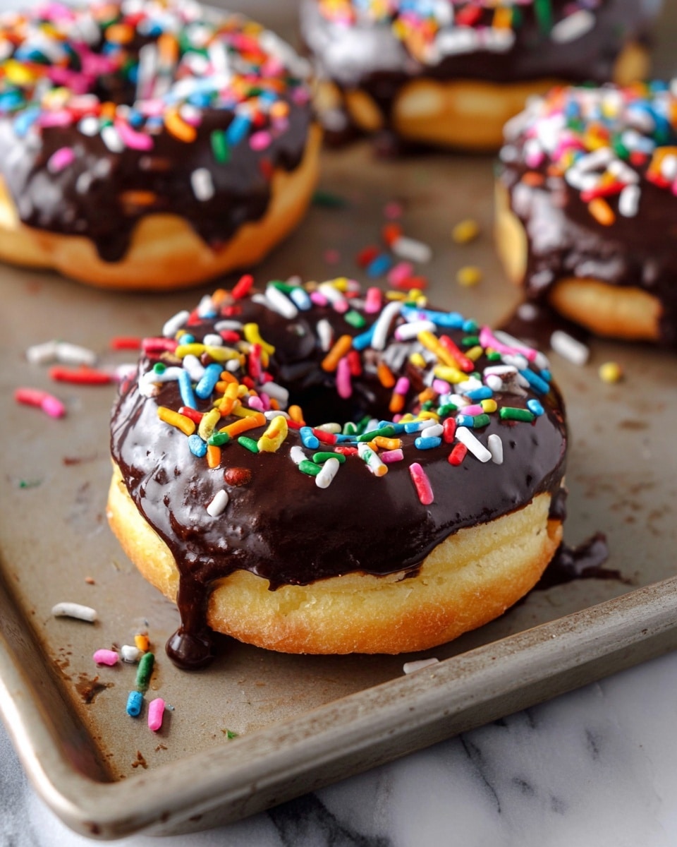 The image shows a freshly baked donut with three visible layers: the bottom dough layer is golden brown and fluffy, the middle layer is a thick, dark chocolate glaze that smoothly covers the top and drips down the sides, and the top layer consists of colorful rainbow sprinkles in red, green, blue, yellow, pink, white, and brown scattered all over the glaze. Two other similarly coated donuts are partially visible in the background, placed on a metal baking tray with some scattered sprinkles around. The overall scene is set on a white marbled surface. photo taken with an iphone --ar 4:5 --v 7