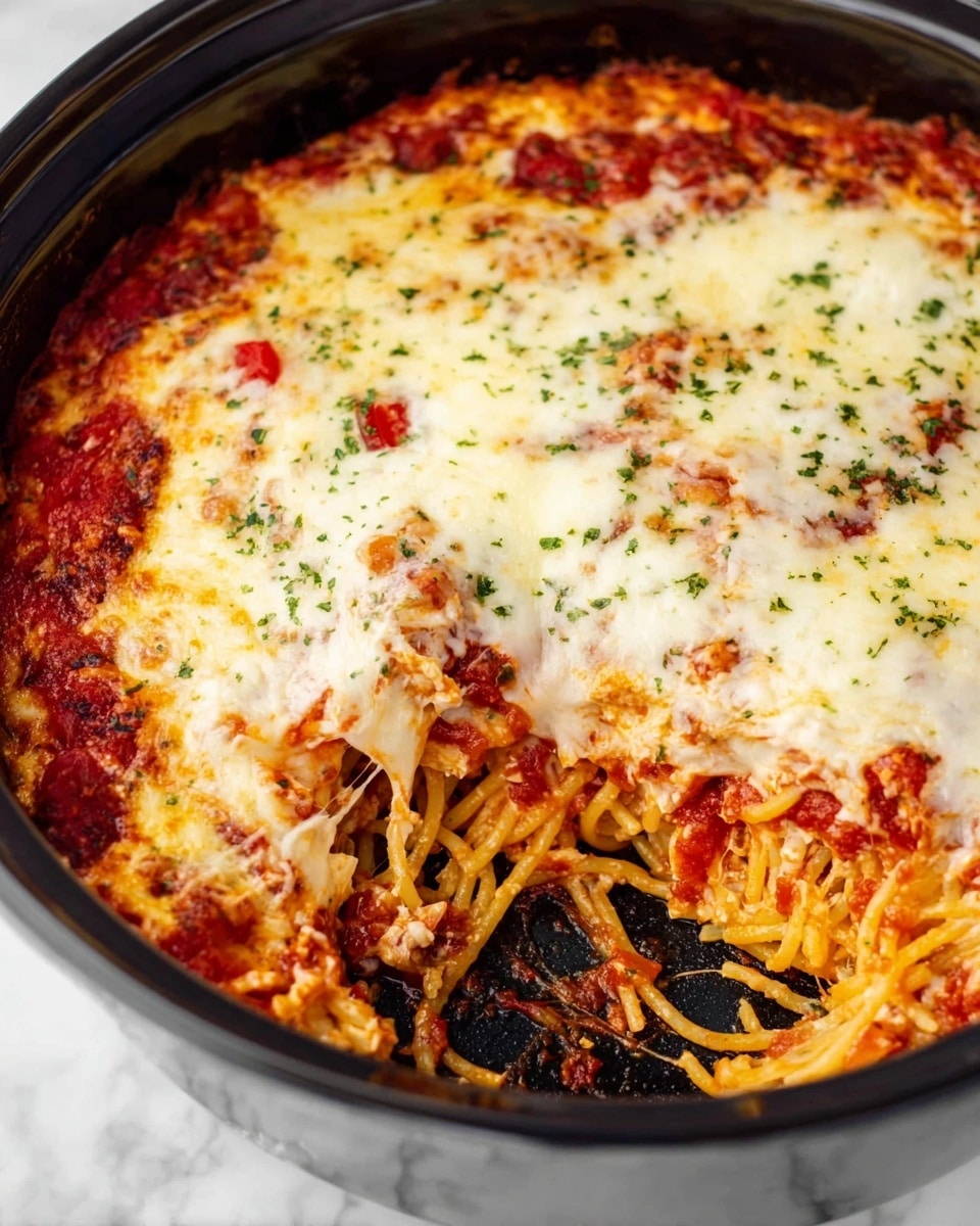 A close-up view of a layered spaghetti casserole being lifted from a black slow cooker with a shiny metal spoon. The casserole shows several layers, starting with red pasta sauce at the bottom, followed by thick spaghetti noodles mixed with a crumbly white cheese layer. On top is a melted layer of golden-brown cheese with some green herb sprinkles, creating a slightly bubbly texture. Strings of melted cheese stretch from the casserole to the spoon, highlighting the gooey, cheesy texture. The background shows white tiled walls and a white marbled surface beneath the slow cooker. photo taken with an iphone --ar 4:5 --v 7