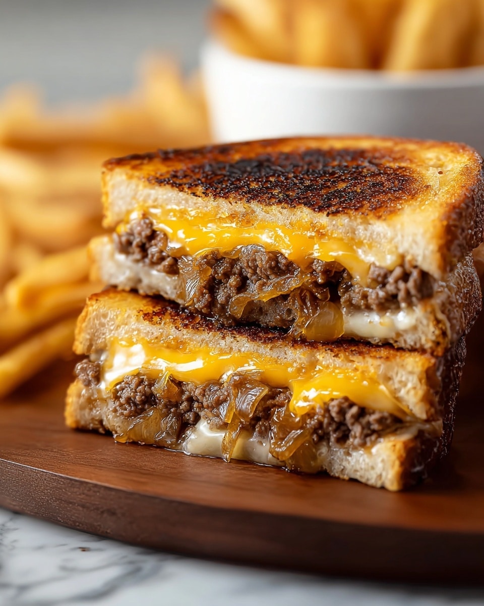 The image shows a sandwich cut in half, stacked with two layers of toasted brown bread with a crisp, golden-brown surface. Inside each half, there are two layers of cooked ground beef with a slightly crumbly texture, separated by thick melted cheddar cheese that is bright orange and creamy white cheese that is smooth and soft, oozing out from the edges. Below the beef and cheese layers, there are caramelized onions that are brown and glossy. The sandwich is placed on a white plate with golden French fries scattered around it. Behind the sandwich, a small white bowl holds a creamy white dipping sauce topped with a green pickle slice. The whole scene is set on a white marbled surface. photo taken with an iphone --ar 4:5 --v 7