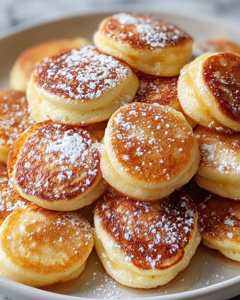 A close-up view of a pile of thick, golden-brown mini pancakes stacked on a white plate, each pancake showing a slightly crispy, browned top layer with a soft, light yellow inside visible on the sides; a light dusting of white powdered sugar is scattered unevenly across the pancakes, adding a delicate touch. The texture on top is slightly bubbly and uneven, with some areas glistening from melted butter or syrup. The pancakes are arranged tightly together, creating a cozy and rich appearance. The background shows a white marbled texture. photo taken with an iphone --ar 4:5 --v 7