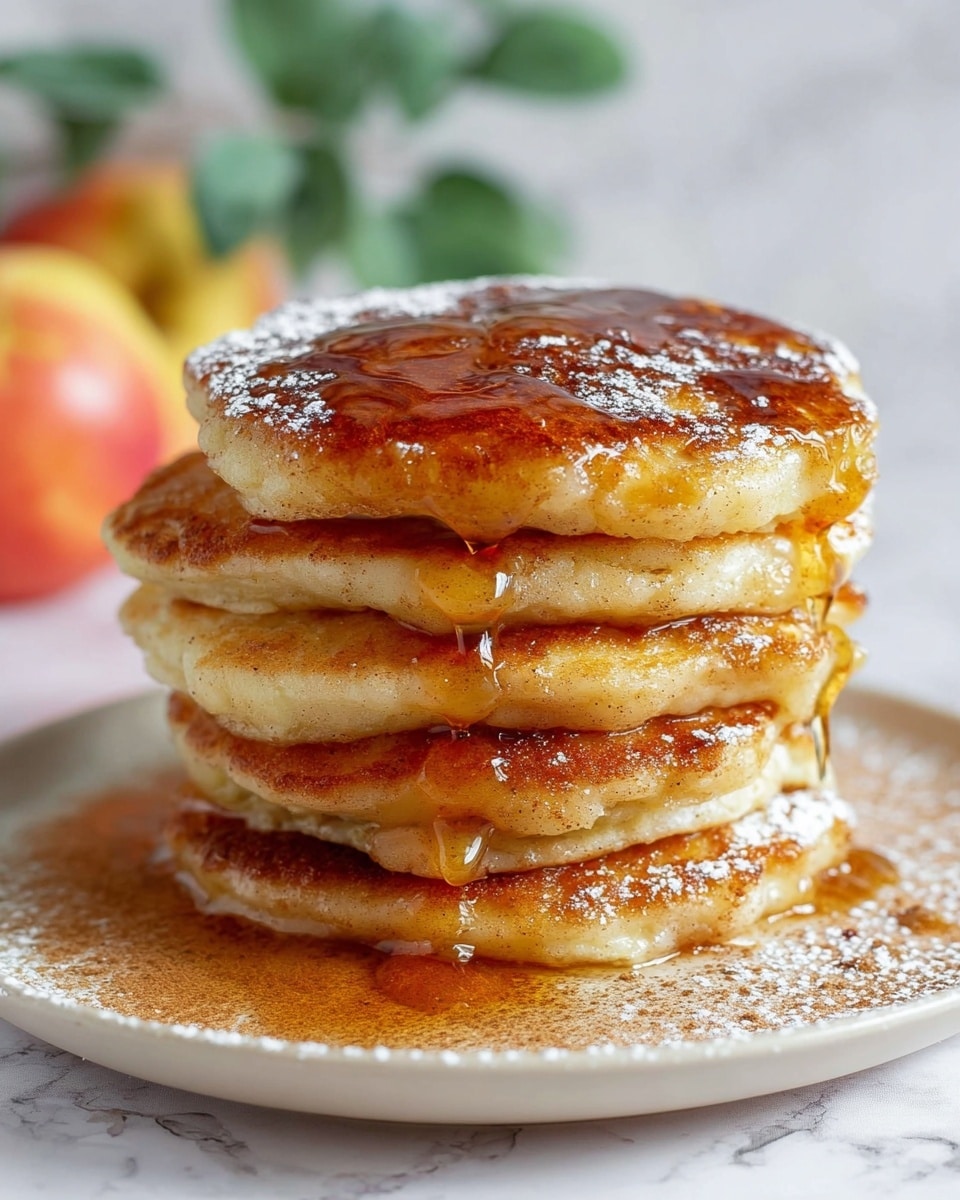 A stack of five thick, golden-brown pancakes sits in the center of a white plate, each layer showing a soft, fluffy texture with slight crisp edges and specks of cinnamon. The top pancake is covered with a drizzle of shiny amber syrup that slowly runs down the sides of the stack, pooling at the bottom and spreading a bit over powdered sugar and ground cinnamon lightly dusted on the plate. The background is a soft focus with an apple and some green leaves resting on a white marbled surface. photo taken with an iphone --ar 4:5 --v 7