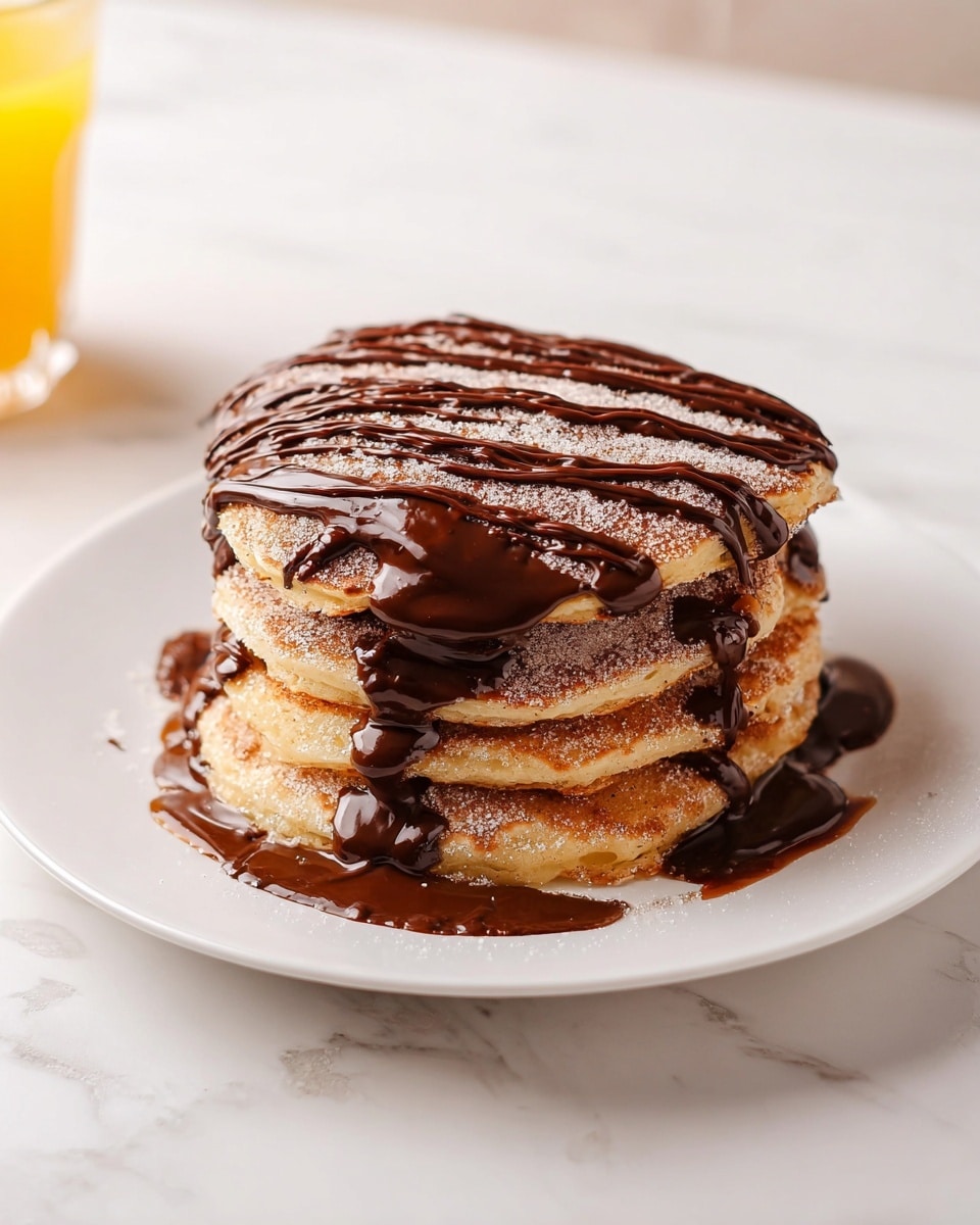 A stack of four thick pancakes coated in a light brown sugar and cinnamon mixture, each pancake showing a slightly rough texture from the sugar coating. The pancakes are drizzled generously with dark, glossy chocolate sauce that flows down the sides and pools a bit on the white plate beneath. The top pancake is fully covered with the sugar mix, and the chocolate drizzle forms thick, shiny lines from one side to the other, adding a rich contrast to the light-colored, sugary pancakes. The scene is set on a white marbled surface with a hint of a yellow drink blurred in the background. photo taken with an iphone --ar 4:5 --v 7