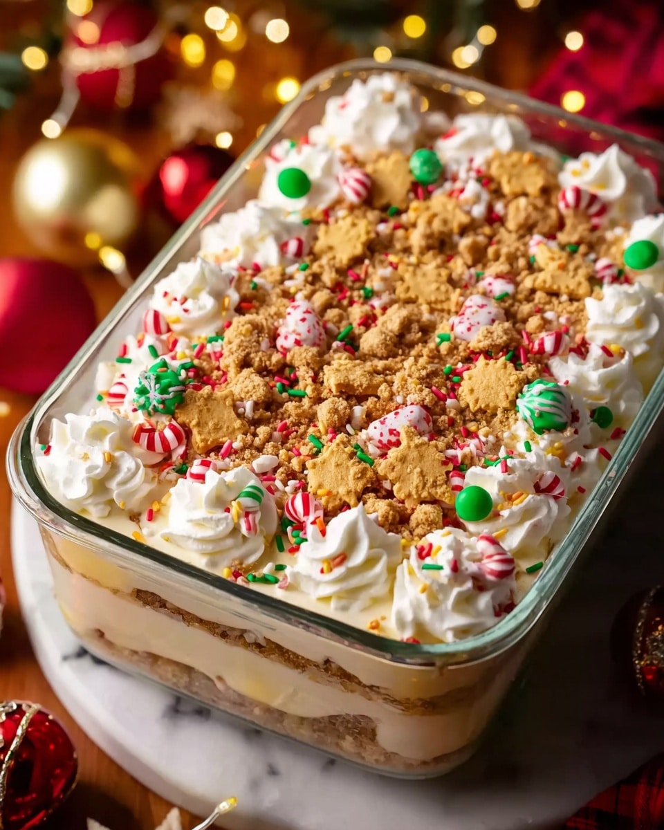 A festive dessert in a clear rectangular glass dish, filled with layers: at the base is a creamy white layer, topped with fluffy white whipped cream dollops evenly spread. The top layer is decorated with crumbled brown cookies, red and white mini candy cane pieces, green and red round sprinkles, small star-shaped golden cookies, and colorful rod-shaped sprinkles scattered across. The dish sits on a white marbled surface, surrounded by blurred warm Christmas lights and red and gold ornaments. The overall look is festive and colorful with a mix of smooth and crumbly textures. photo taken with an iphone --ar 4:5 --v 7
