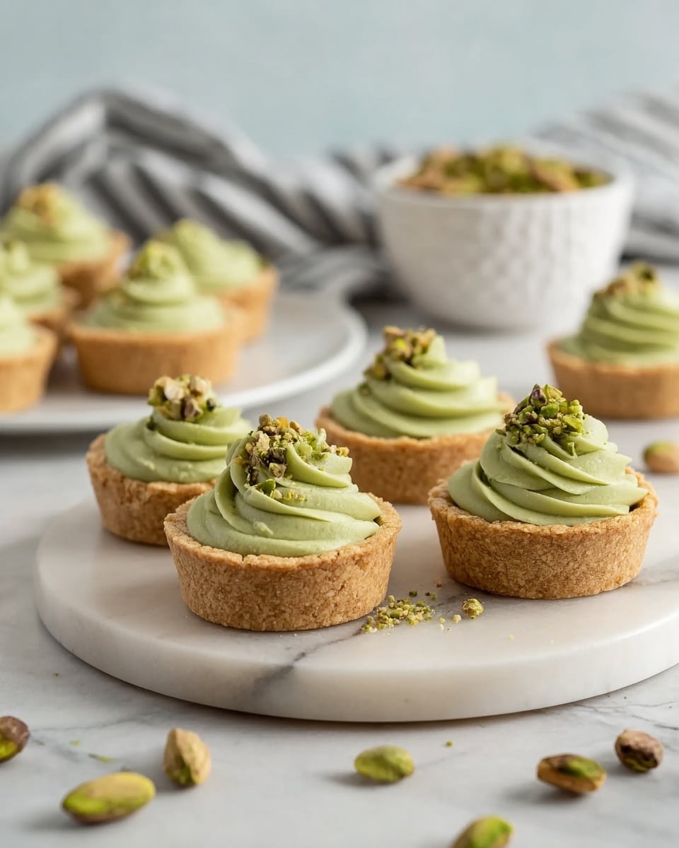 A small tart is shown on a white plate with a thick, golden-brown crust forming the base and sides. Inside, there is a smooth, creamy pale green filling layer, topped with a shiny, darker green glaze. The glaze is decorated with whole and crushed green pistachio nuts spread unevenly on top. A wedge is cut out, revealing the creamy middle layer clearly. Around the tart on the plate, there are scattered pistachio nuts and small crumbs. In the background on a wooden surface is another tart and a dollop of green paste. The whole setup rests on a white marbled texture. photo taken with an iphone --ar 4:5 --v 7