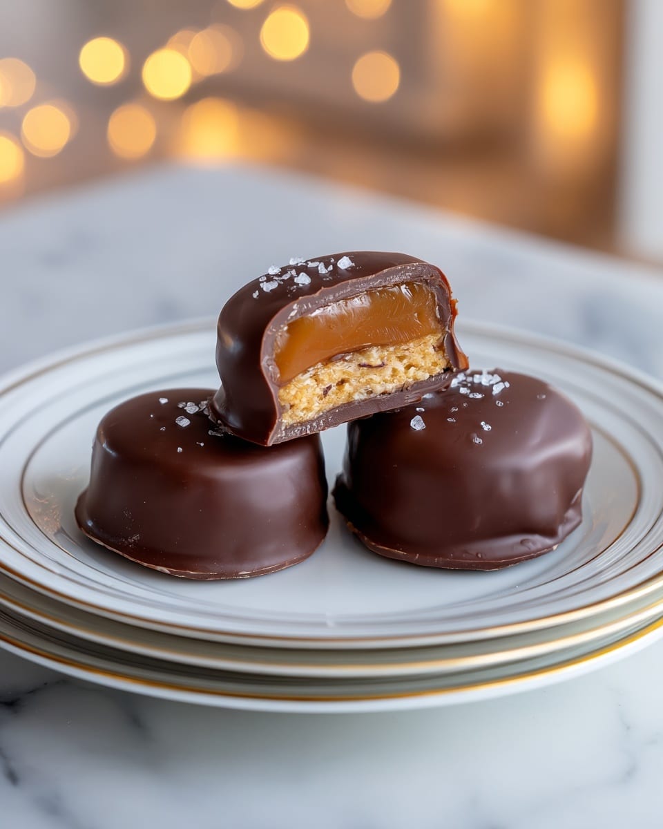 The image shows three pieces of chocolate-covered caramel candy on a white plate with thin gold stripes. Two candies are whole, rounded, and have a smooth, shiny dark chocolate coating with small sea salt flakes on top. One candy is cut in half, revealing two layers inside: a thick, sticky caramel layer with a light brown color filled with small nut pieces, and a thin outer dark chocolate layer that covers the caramel. The plate is stacked on similar white plates and set on a white marbled surface with blurred warm lights in the background. photo taken with an iphone --ar 4:5 --v 7