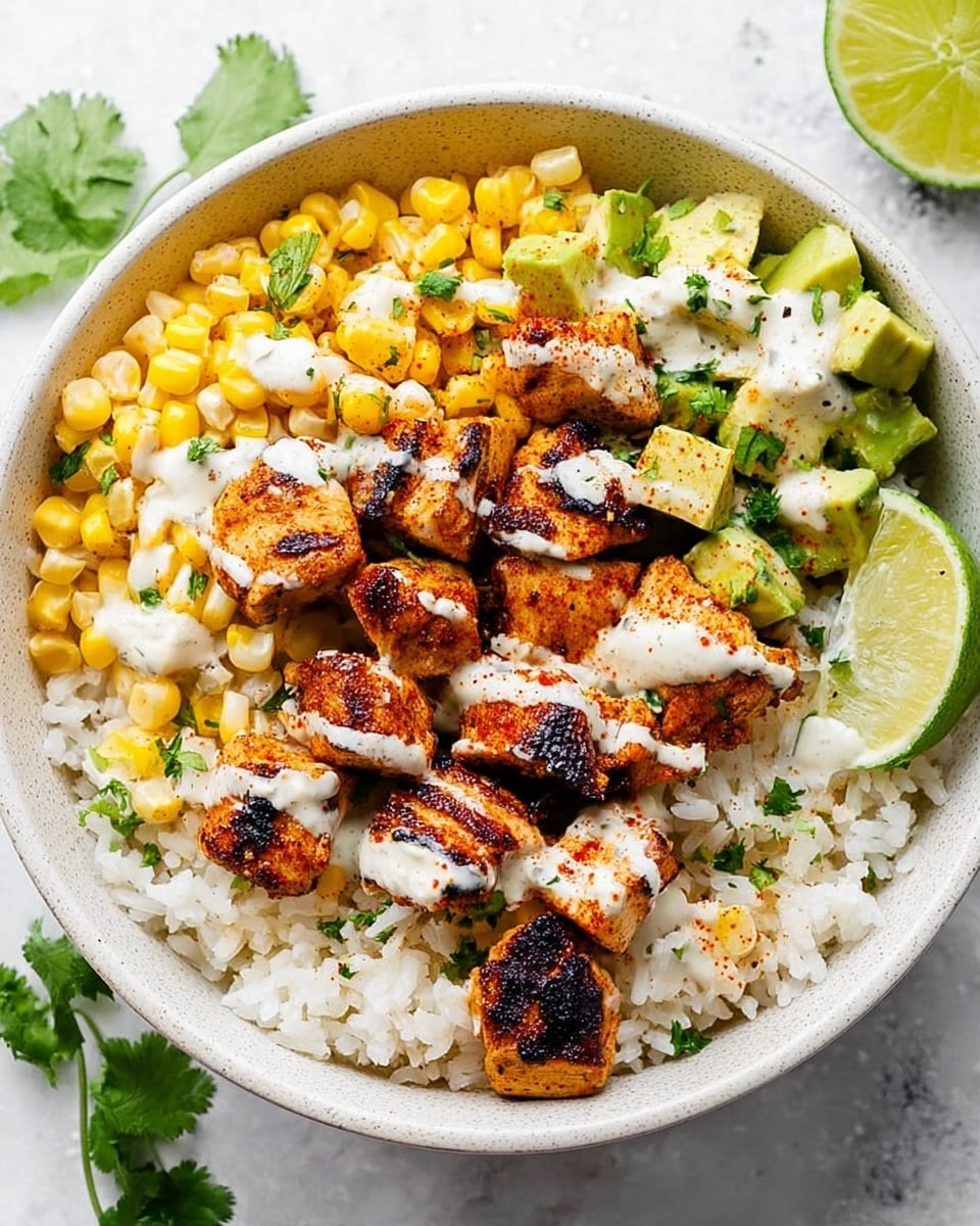 A white bowl filled with a base layer of cooked white rice mixed with some corn kernels and small cilantro leaves scattered around. On top of the rice, there are golden-brown grilled chicken pieces, some with charred edges, arranged evenly across the bowl. Bright yellow corn kernels sit on one side, with chunks of green avocado and a quarter slice of lime placed near the edge. The grilled chicken and other layers are drizzled with a creamy white sauce, and a light dusting of red seasoning is visible on the chicken. The bowl sits on a white marbled surface, with a lime half and some cilantro sprigs softly blurred in the background. Photo taken with an iphone --ar 4:5 --v 7