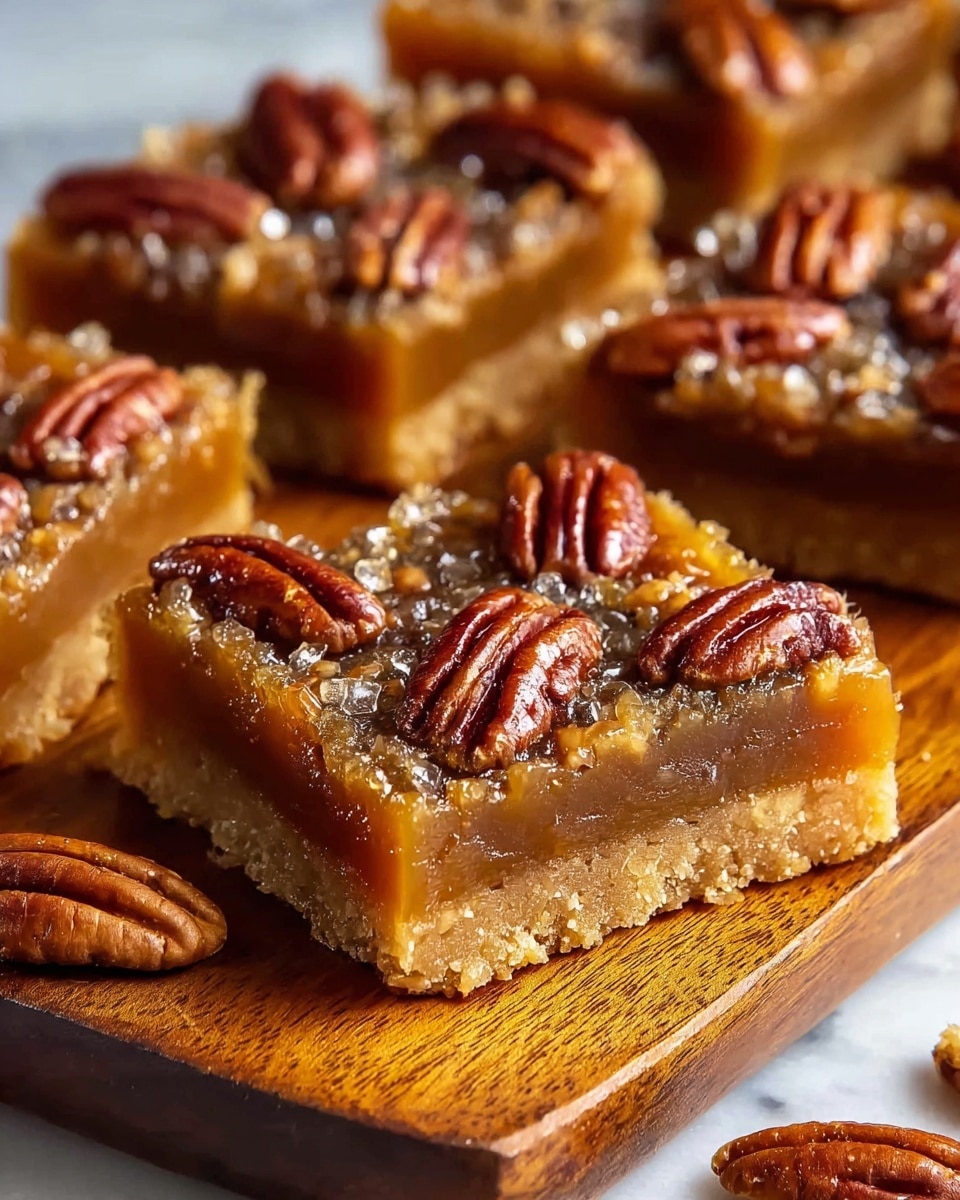 The image shows a close-up of pecan pie bars cut into square pieces placed on a wooden board. Each bar is made of a bottom layer of crumbly, light brown crust, topped with a smooth, sticky caramel-like filling in a darker amber shade. The top layer is studded with whole, glossy pecan halves arranged evenly across the surface. The filling has a shiny and slightly bubbly texture, making the bars look rich and gooey. Several extra pecan halves are scattered around the bars on the board, with a white marbled background visible behind the board. photo taken with an iphone --ar 4:5 --v 7