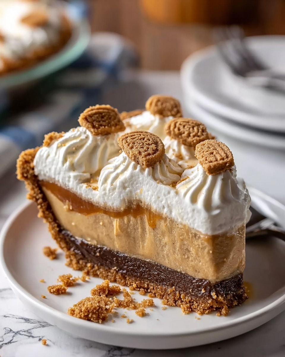 A slice of pie on a white plate with four visible layers: the bottom is a dark, crumbly cookie crust; above it is a thin, glossy caramel layer; next is a thick, smooth light brown layer of creamy filling; and the top is decorated with white whipped cream swirls, each with a small brown cookie piece placed on it. There are some crumbs scattered on the plate and the pie appears soft and rich. The background shows a white marbled surface with blurred objects like another plate and a fork. Photo taken with an iphone --ar 4:5 --v 7