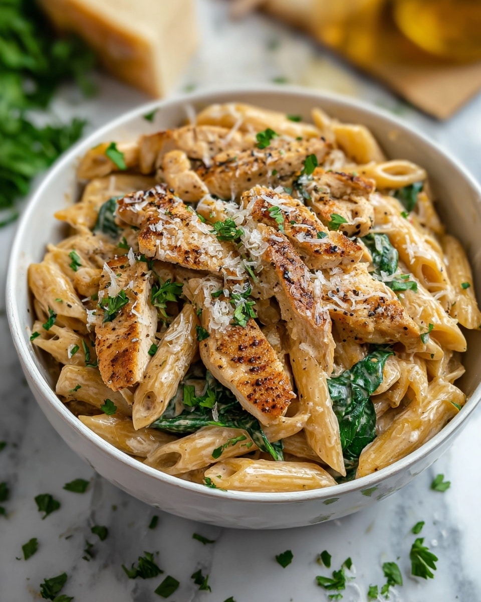 A white bowl filled with creamy pasta layers: penne pasta coated in a light beige sauce forms the base, mixed with green spinach leaves scattered evenly throughout. On top, golden-brown grilled chicken pieces with a slightly crisp texture are layered, with some specks of black pepper and fresh parsley sprinkled over everything. The dish is finished with a fine layer of grated cheese, lightly dusting the pasta and chicken. The bowl sits on a white marbled surface, with a blurred piece of bread and herbs in the background. Photo taken with an iphone --ar 4:5 --v 7
