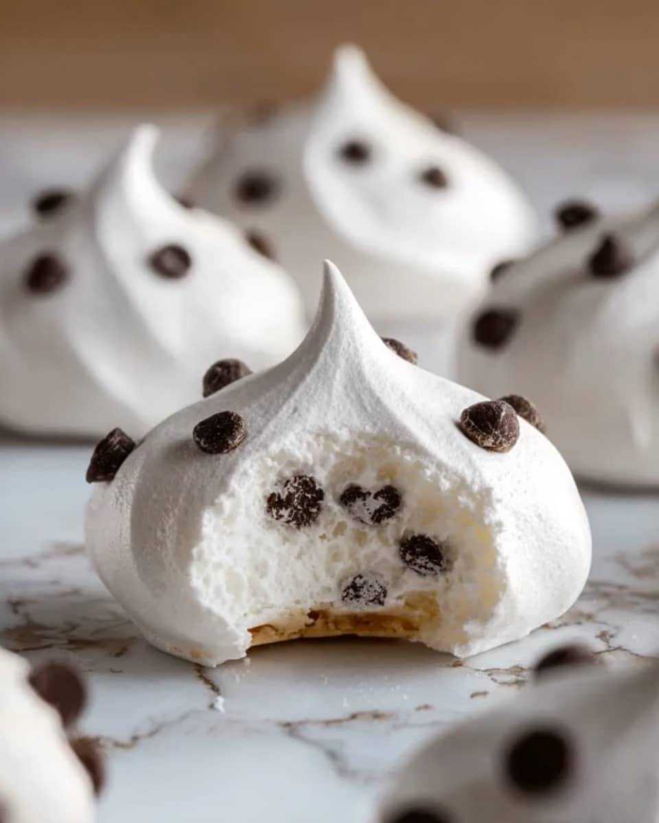 The image shows a close-up of several white meringue cookies scattered on a white marbled surface. Each meringue has a smooth, slightly glossy texture with a pointed peak on top. The meringues are decorated with small dark chocolate chips embedded on their surface, adding contrast. One meringue in the foreground has a bite taken out of it, revealing a light, airy inside with a tiny layer of golden brown at the bottom. The background is softly blurred, keeping focus on the bite-marked meringue in front. photo taken with an iphone --ar 4:5 --v 7