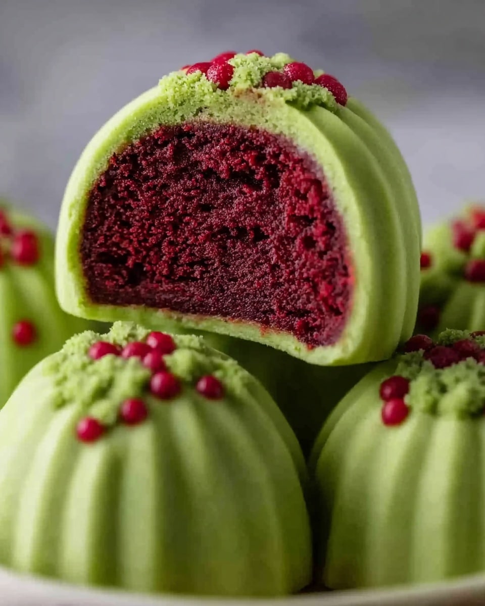 The image shows a close-up of a small round dessert with one piece cut open to reveal three layers inside. The outer layer is smooth and bright green with a soft texture, while the inner layer is deep red and moist with a slightly crumbly look. On top, the green outer layer is decorated with small bright green pieces and tiny round red dots scattered evenly. The dessert is stacked in a white round dish placed on a white marbled surface. photo taken with an iphone --ar 4:5 --v 7