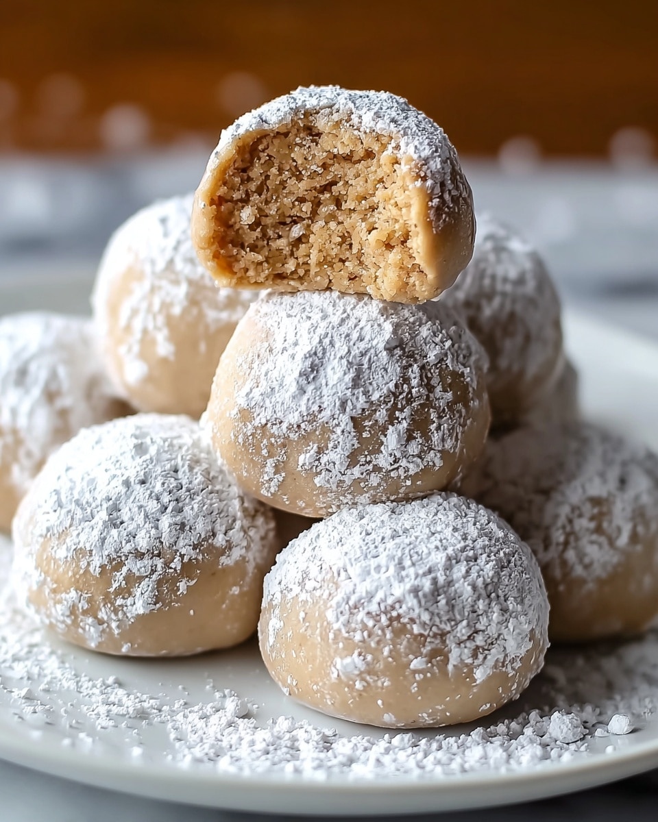 A white plate holds several light brown round truffles, each dusted with a soft layer of white powdered sugar. The truffles have a smooth, matte surface with a slightly crumbly texture visible on the bitten ones in the front. One truffle is cut open, showing two layers inside: the outer layer is light brown and dense, while the inner part is a lighter beige, softer, and slightly grainy. The plate sits on a white marbled surface, and the background is softly blurred with more truffles. photo taken with an iphone --ar 4:5 --v 7