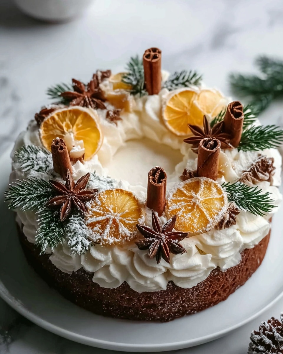 A round dessert resembling a wreath with a dark brown base layer, topped with a thick ring of fluffy white whipped cream. On the whipped cream, there are cascades of dried orange slices with a translucent golden color, scattered star anise with a rich brown shade, cinnamon sticks placed in pairs standing upright, and sprigs of green pine-like leaves. Light dusting of powdered sugar is spread across the cream, spices, and pine, giving a snowy effect. The dessert sits on a white plate against a white marbled surface. Photo taken with an iphone --ar 4:5 --v 7