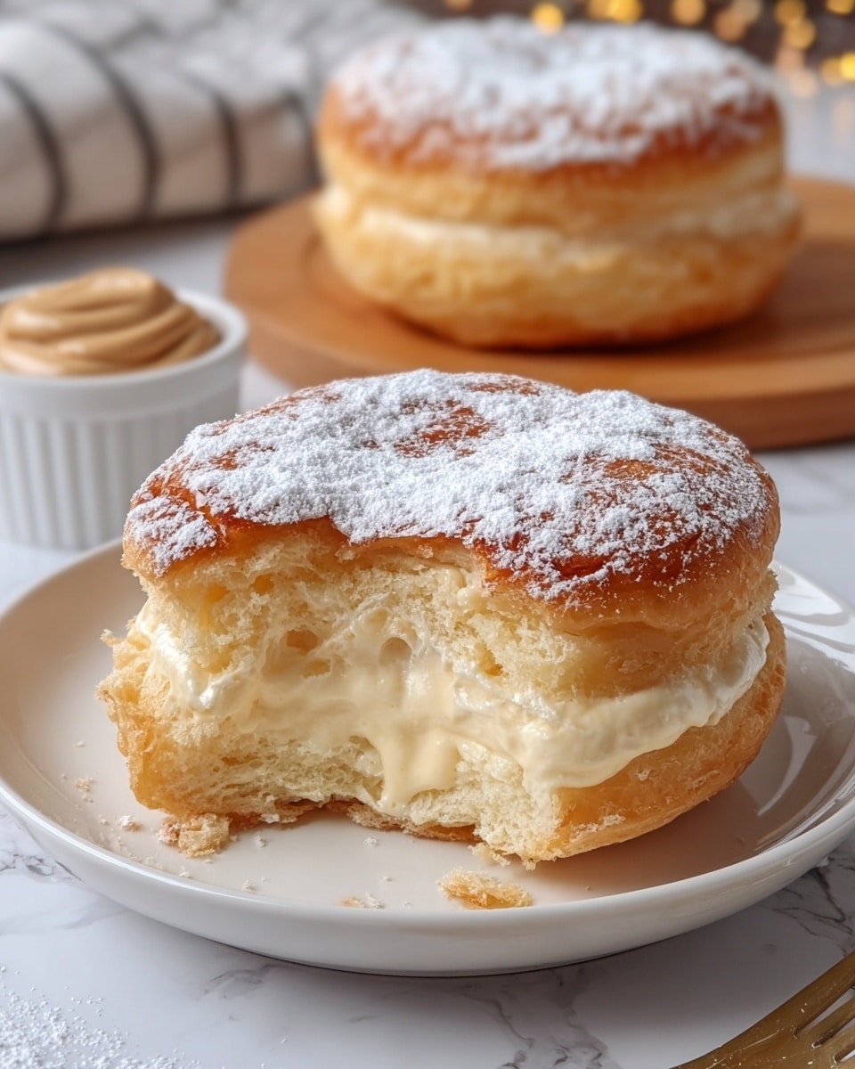 A soft, round cream-filled pastry is shown on a white plate, with a golden brown top layer that is dusted with white powdered sugar. The pastry is thick and fluffy, with a light creamy filling seen oozing from a bite taken out of the middle layer, which is white and spongy. In the background, there is another whole pastry sitting on a wooden board and a white ramekin filled with light brown cream or spread, all placed on a white marbled surface. photo taken with an iphone --ar 4:5 --v 7