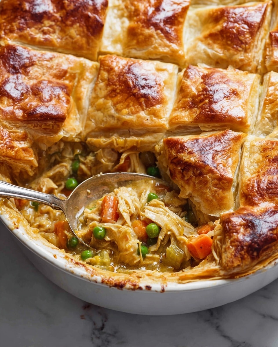A white casserole dish holds a golden-brown pot pie with a puff pastry crust on top, which is divided into square sections showing a flaky and shiny texture with some browned spots. Beneath the crust, there is a creamy filling with visible layers of cooked shredded chicken, bright green peas, small diced orange carrots, and bits of celery, all mixed in a thick, luscious sauce. A silver spoon scoops some filling from the left side, revealing more of the colorful vegetables and tender chicken under the pastry. The dish rests on a white marbled surface. Photo taken with an iphone --ar 4:5 --v 7